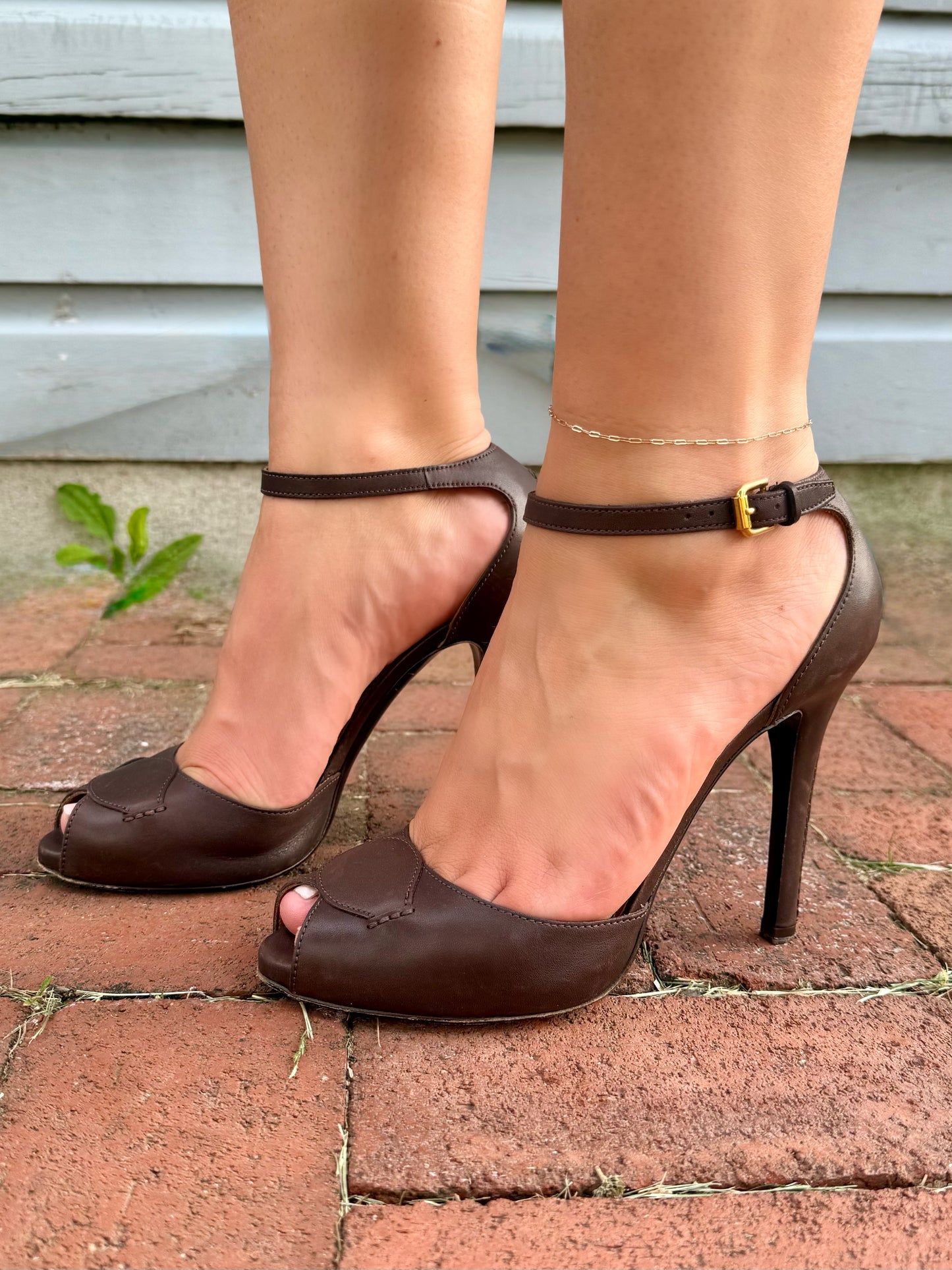 Vintage Ralph Lauren Purple Label Brown Leather Peep Toe Heels with Ankle Strap