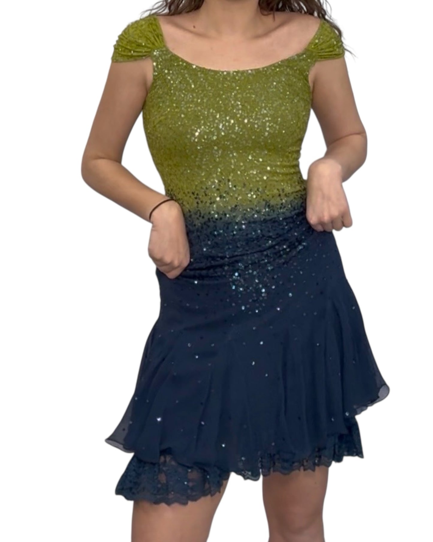 Vintage Beaded Green and Blue Midi Dress