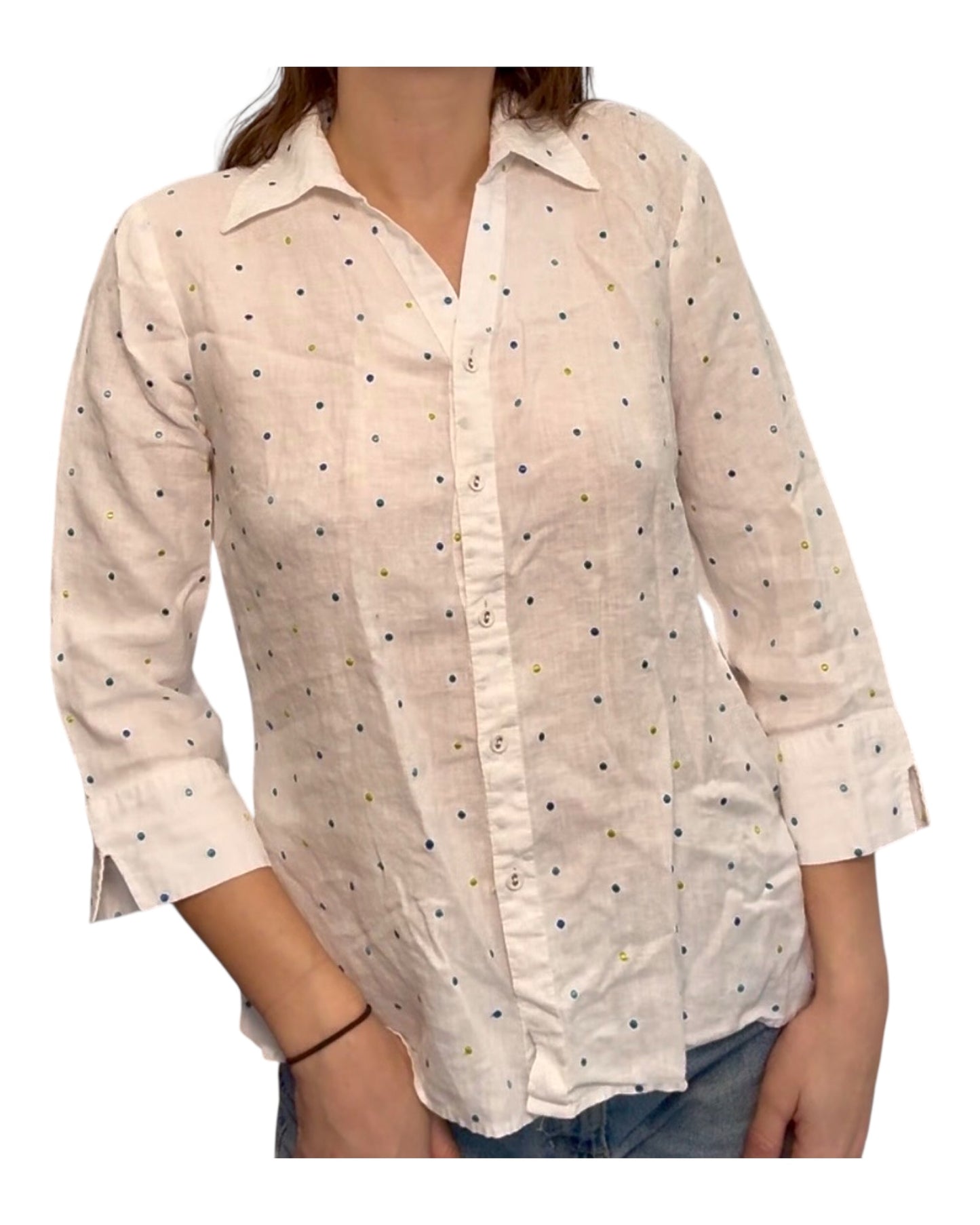 Vintage Embroidered Linen Blouse with Blue and Green Polka Dots