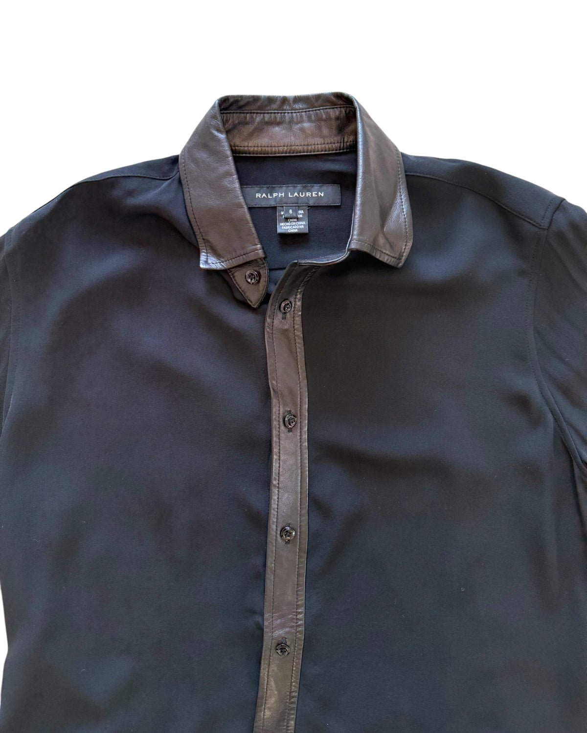 Vintage Ralph Lauren Black Label Black Sheer Button Up Top with Leather Trim