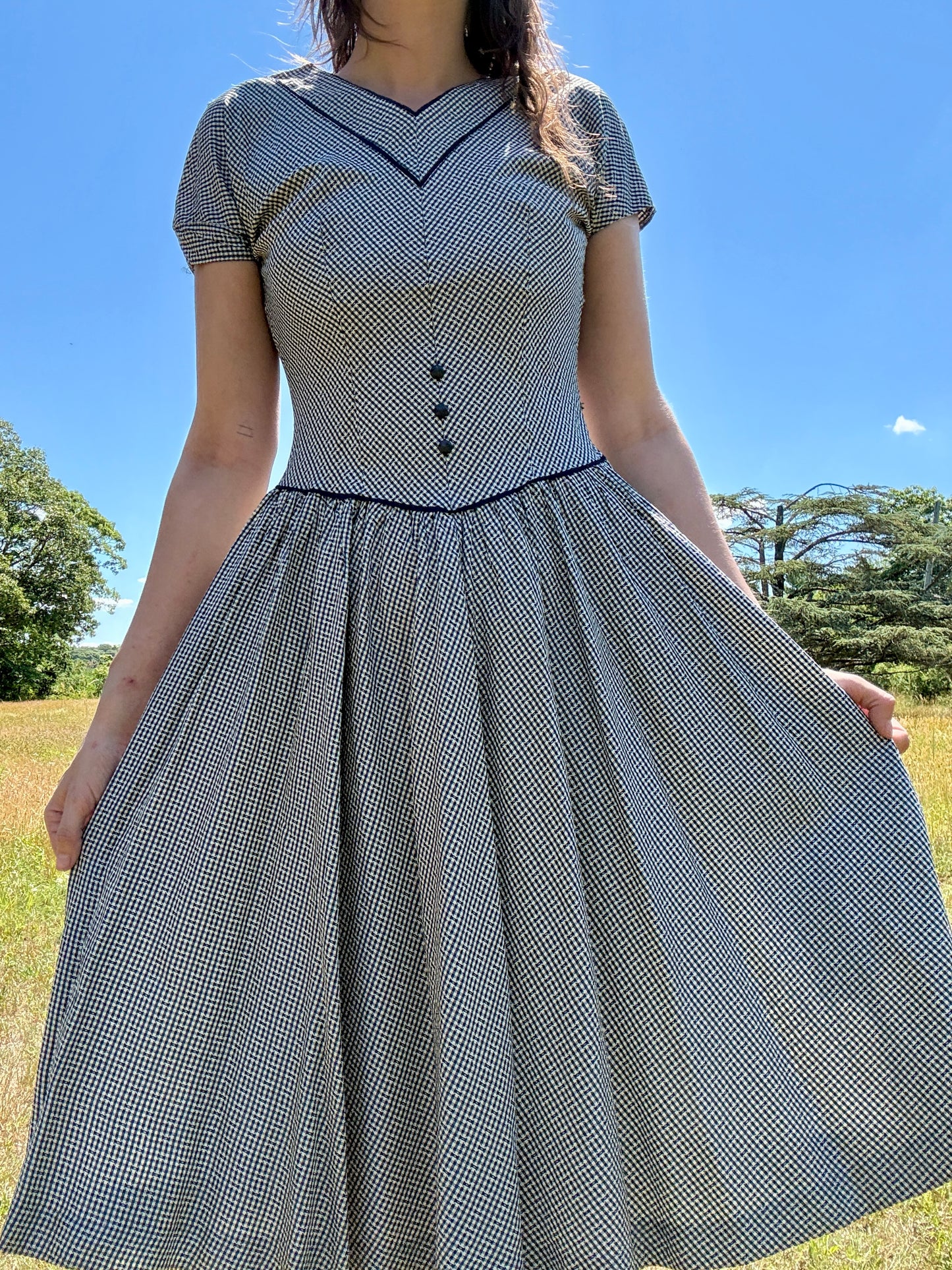 Vintage 1950s Blue Plaid Midi Dress