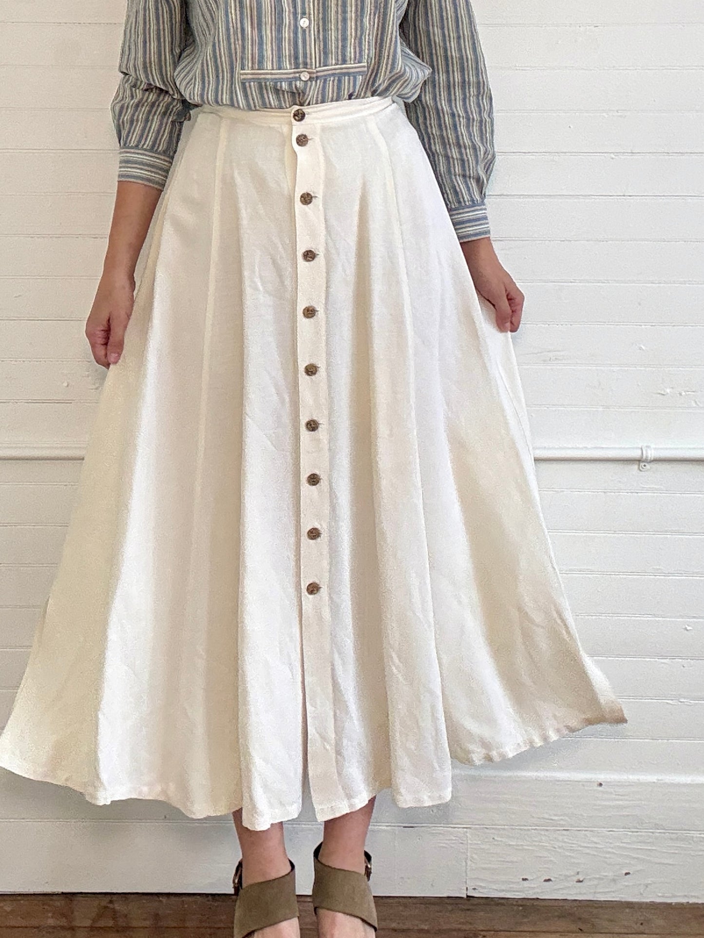 Vintage Linen Button-Up Midi Skirt