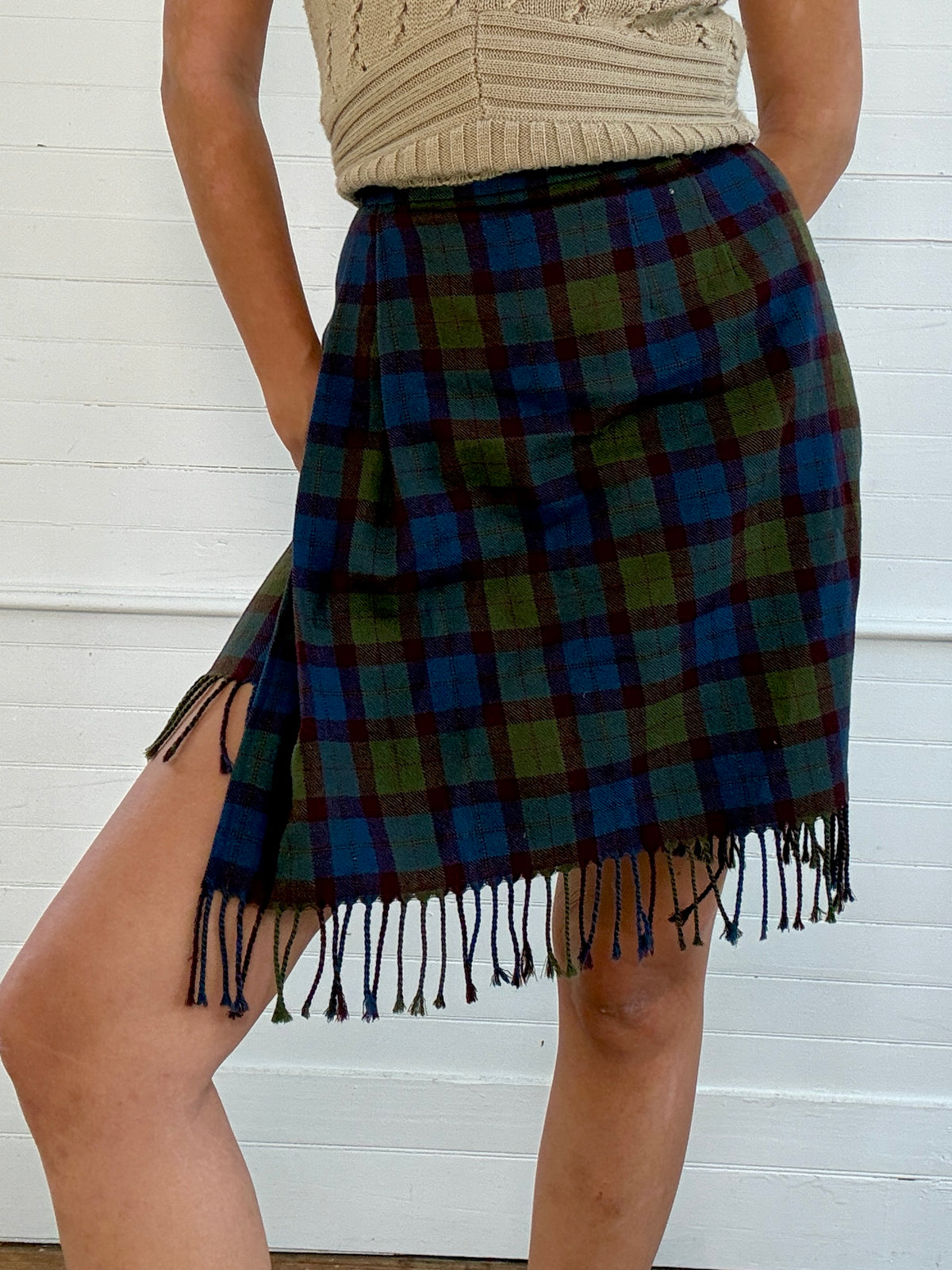 Vintage Carlisle Plaid Wool Skirt with Fringe