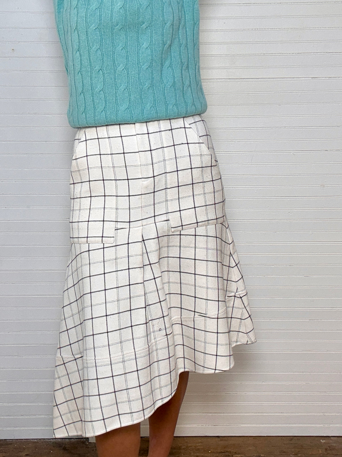 Pre-Loved Tibi White Plaid Asymmetrical Skirt