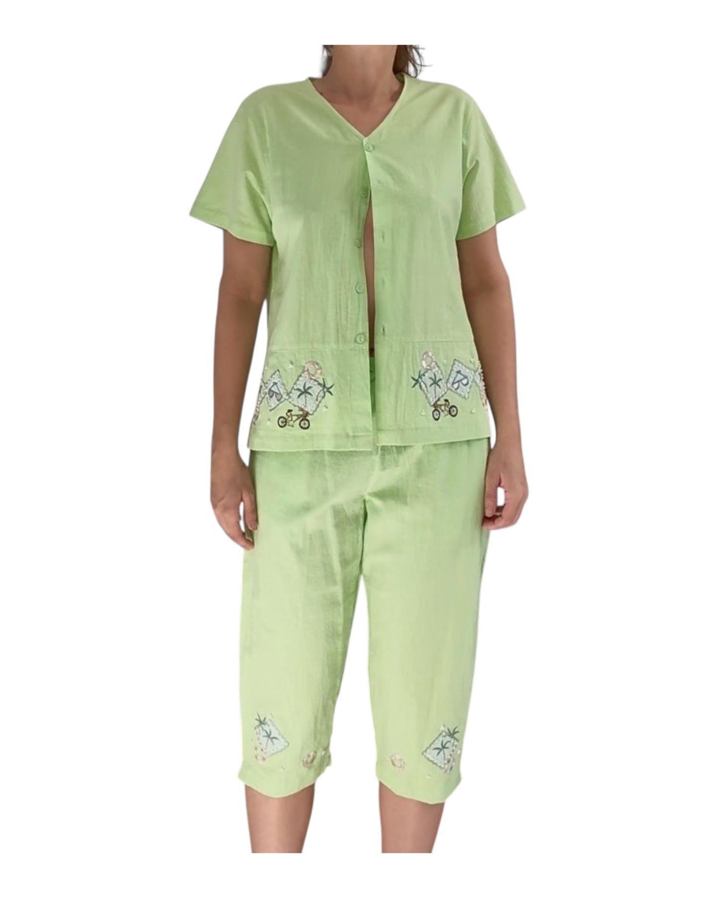 Vintage Lime Green Embroidered Beach Scene Matching Set