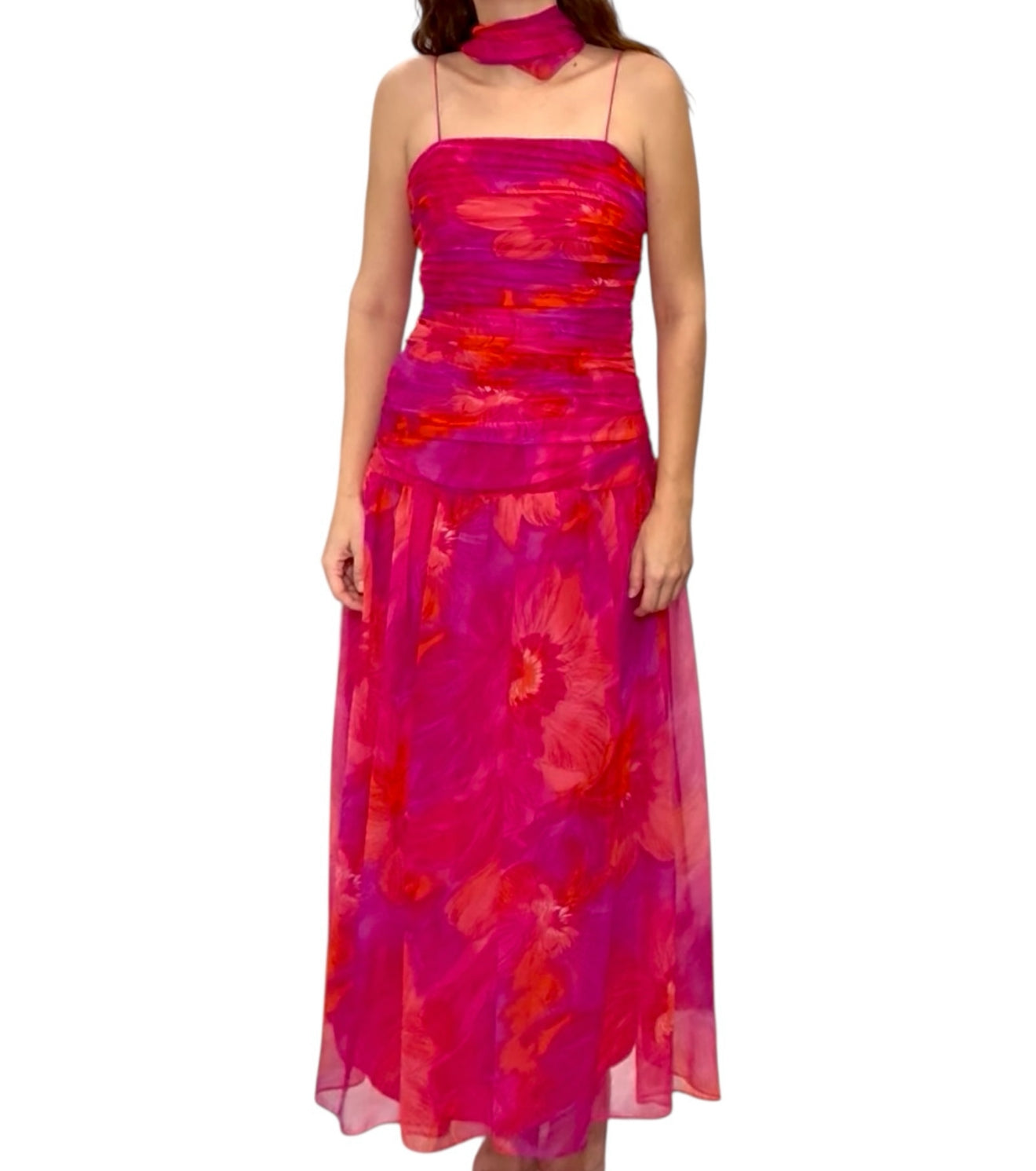 Vintage Pink and Orange Floral Maxi Dress with Scarf