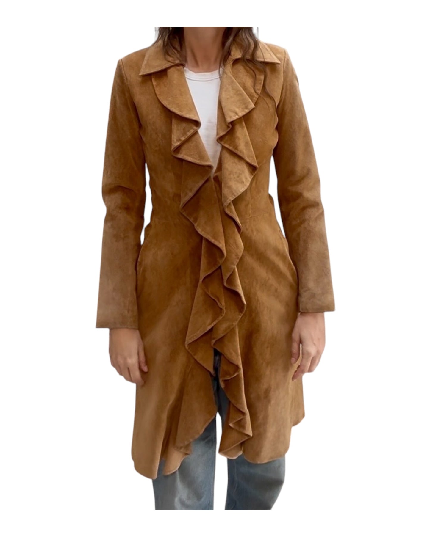 Vintage Suede Long Jacket with Ruffles