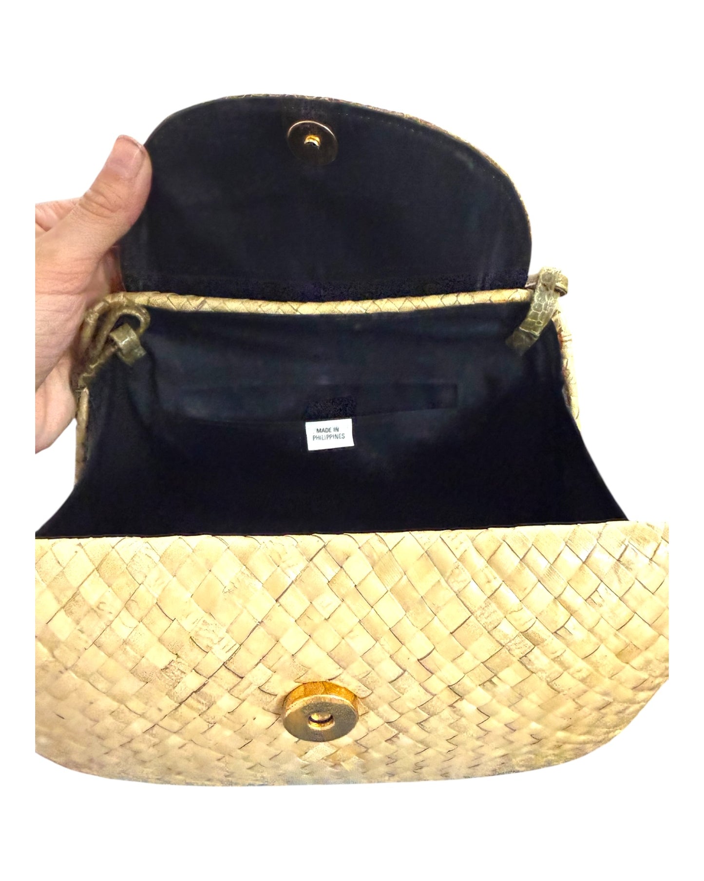 Vintage Woven Shoulder Bag with Lizard Leather