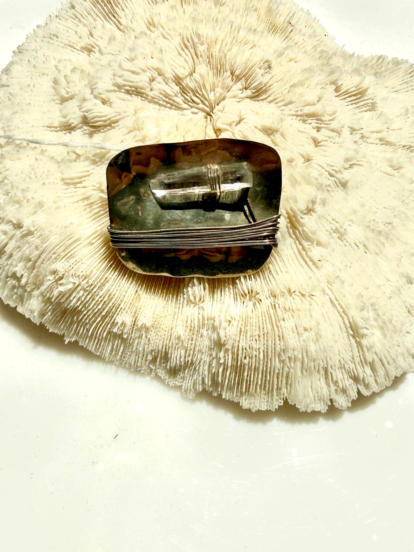 Vintage Quartz Crystal and Wrapped Wire Silver Metal Brooch
