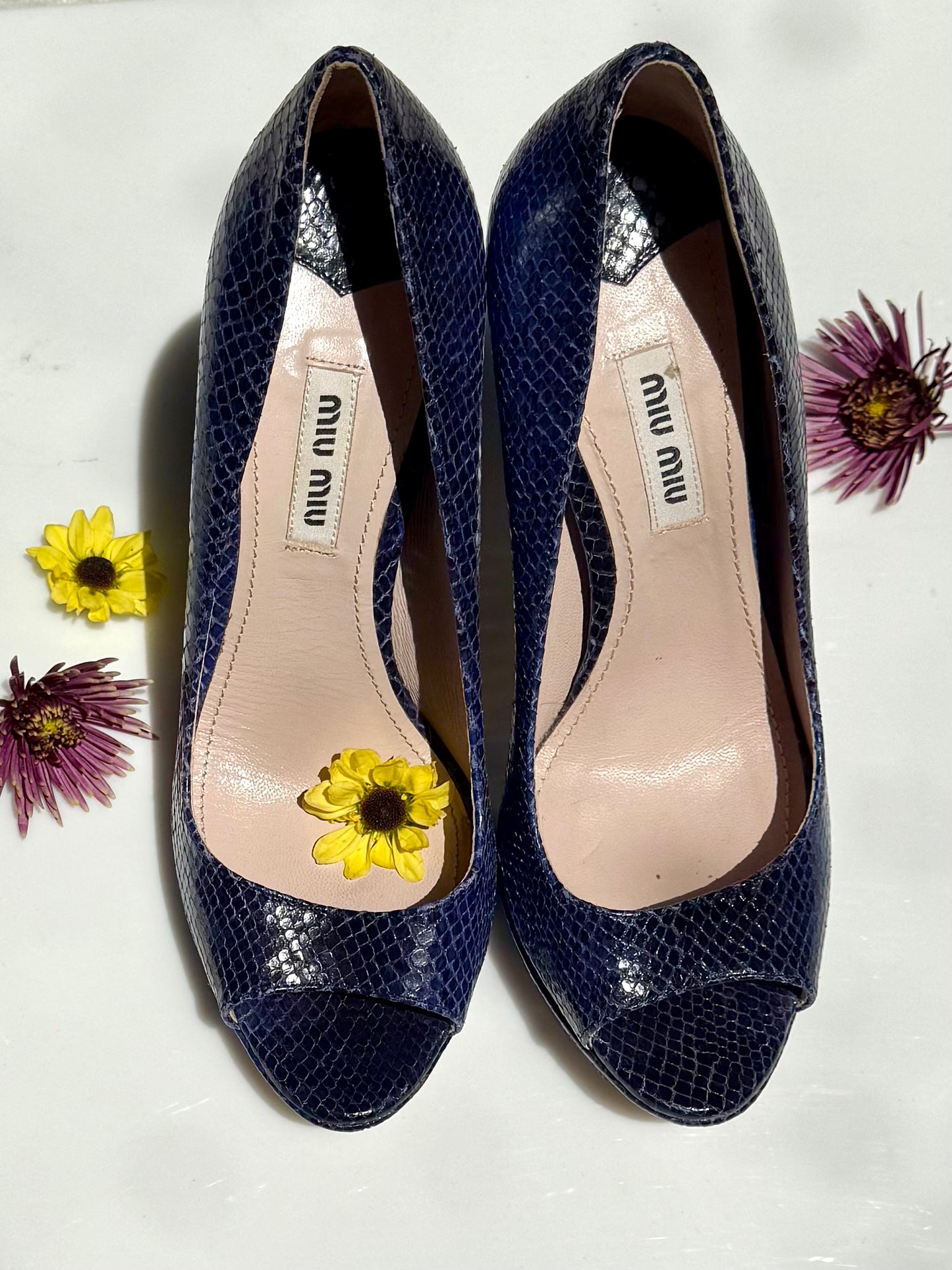 Pre-Loved Miu Miu Calzature Donna Blue Snakeskin Peep Toe Pumps