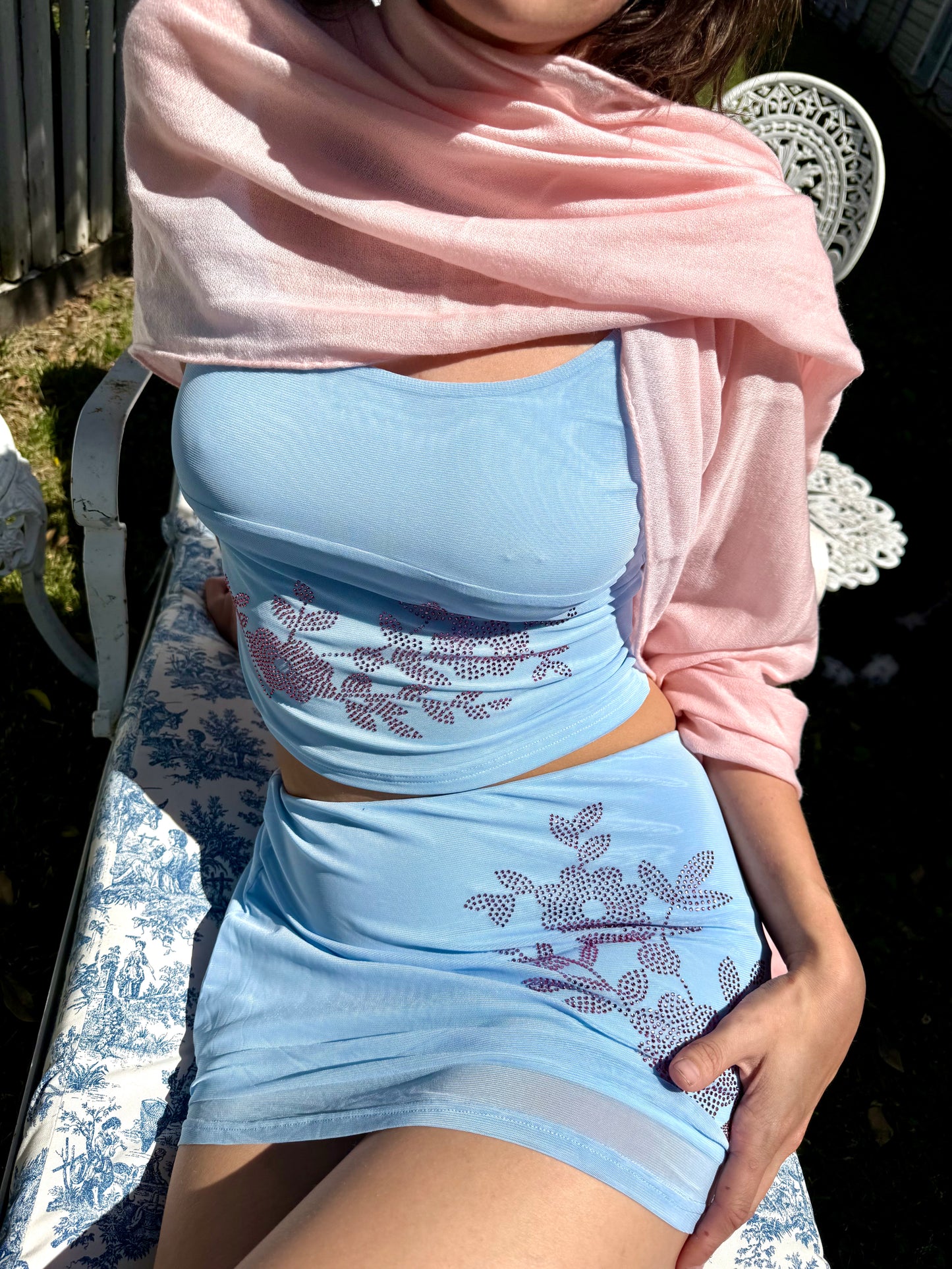 Vintage Y2K Baby Blue and Pink Rhinestone Skirt Set
