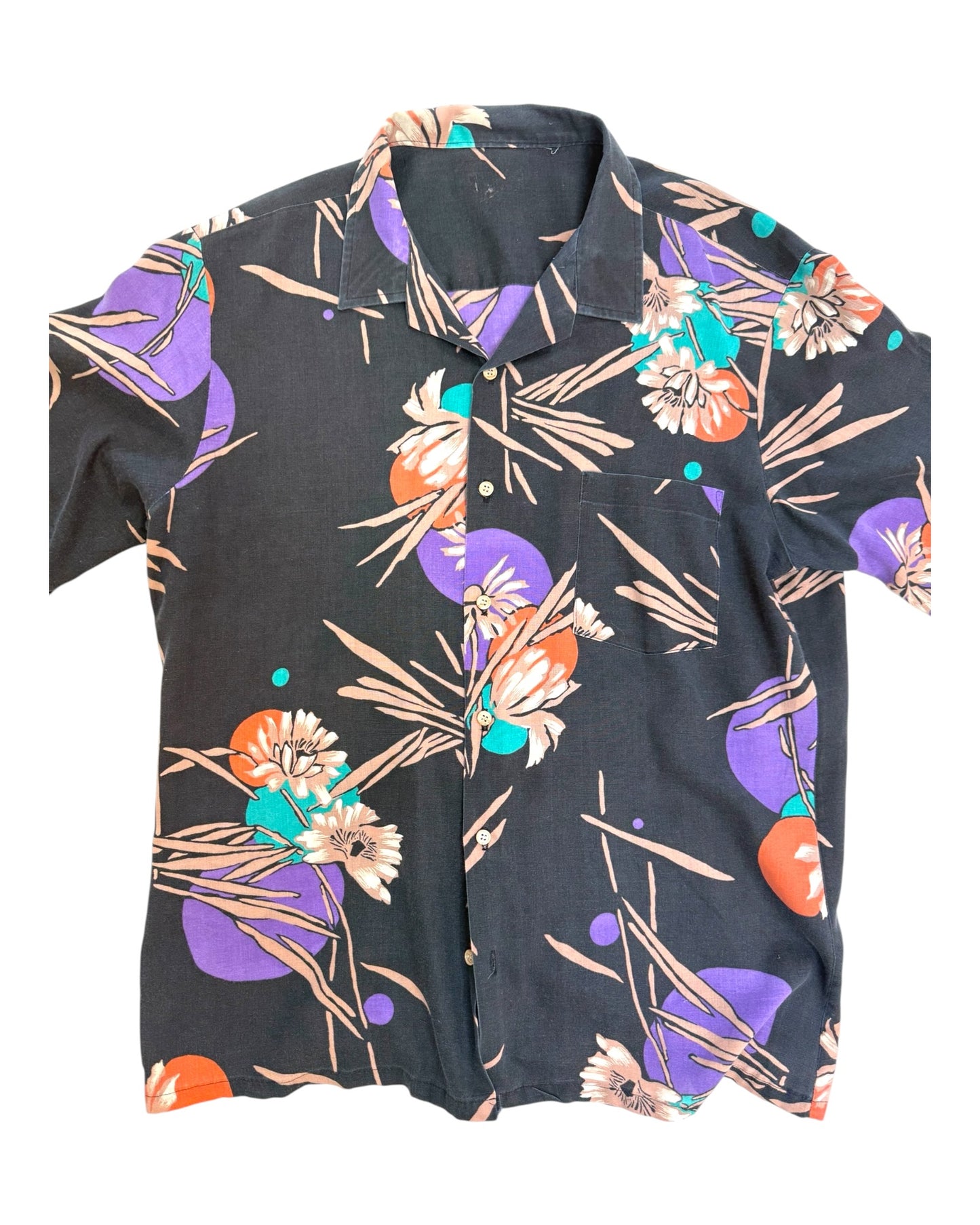 Vintage 1980s Black and Purple Hawaiian Shirt