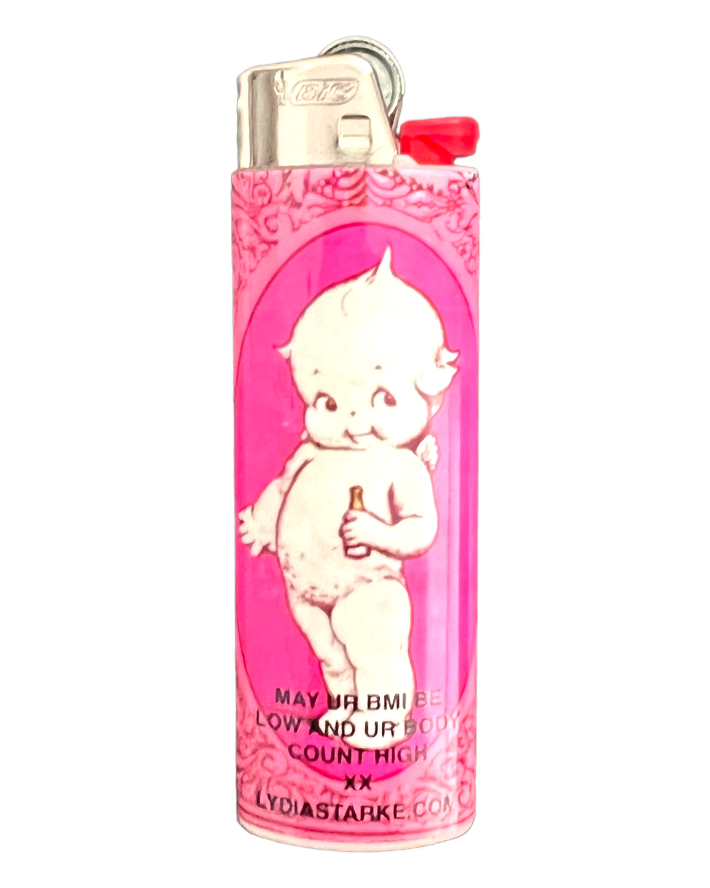 Front Side of a Pink Lighter, features a drawing of baby cupid holding a bottle. the text reads "May ur BMI be low and ur body count high xx Lydiastarke.com"