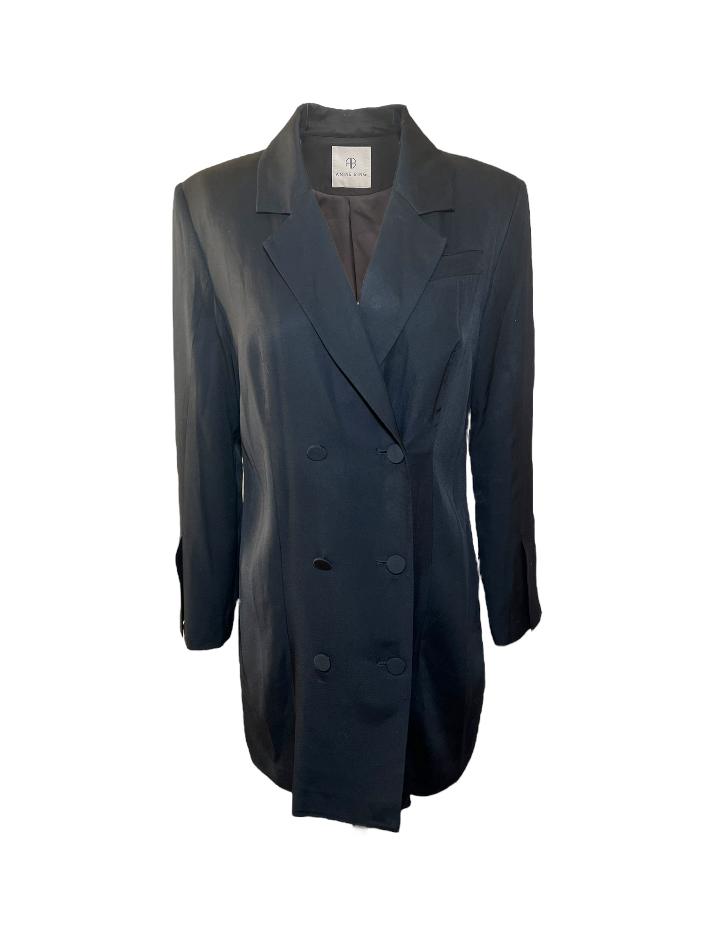 Black Annie Bing Womens Blazer. Double Breasted with 3/4 sleeves. Image shows the Front of the Blazer.