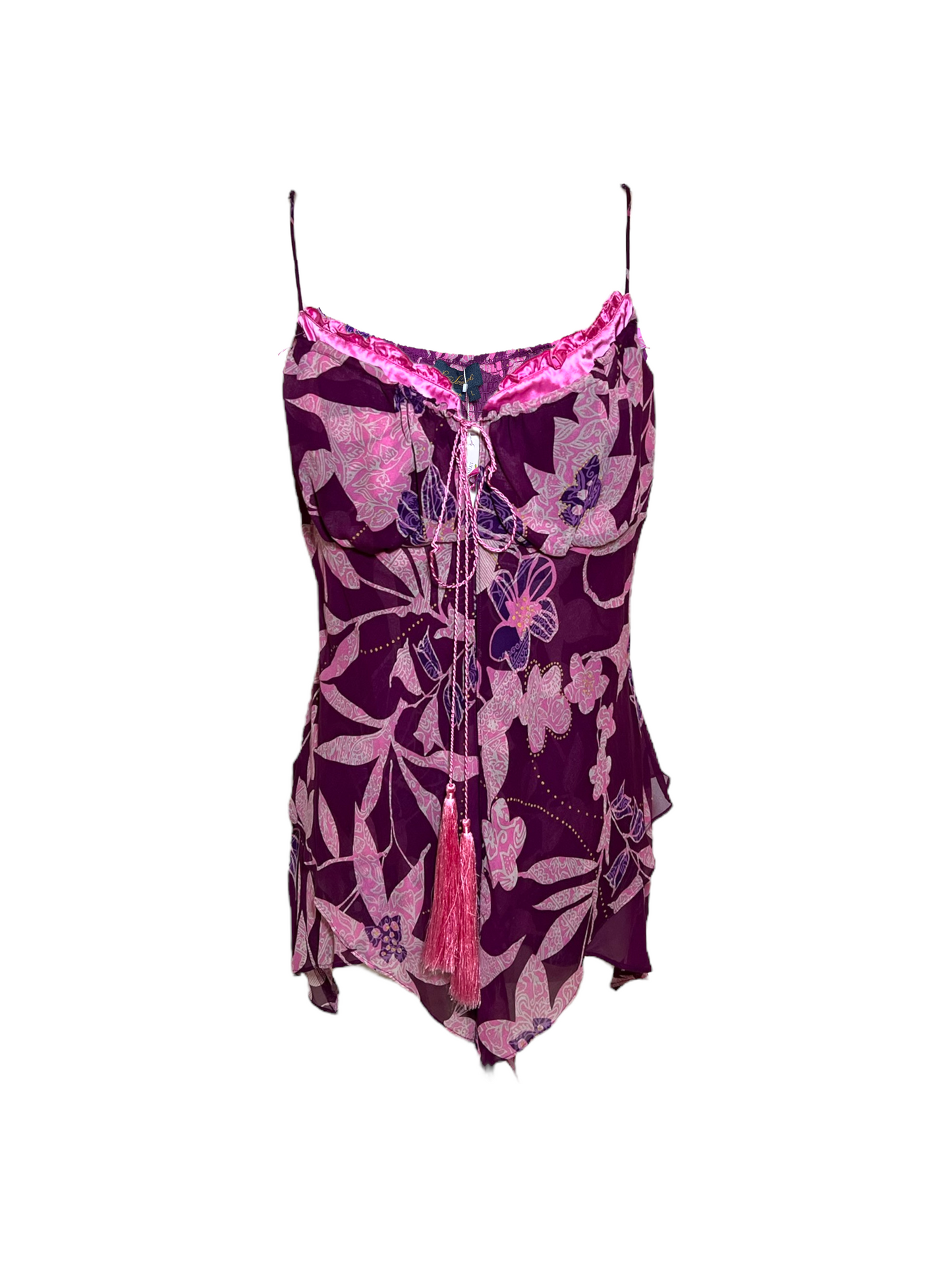 Vintage Luisa Spagnoli Spaghetti Strap Pink Floral Blouse with a tassel tie closure in the front.