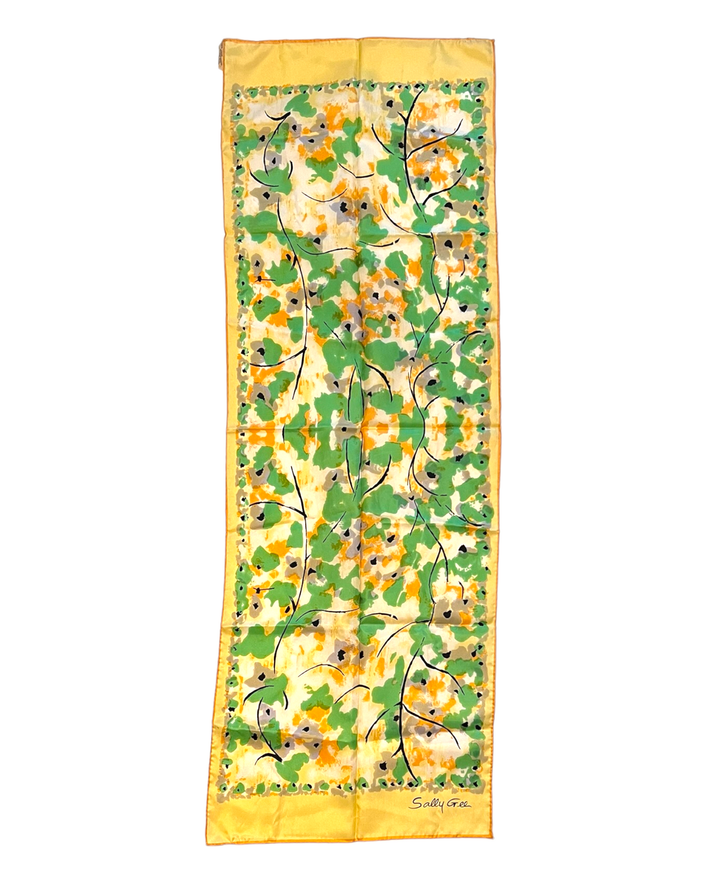 Vintage Sally Gee Yellow and Green Floral Scarf. Rectangle Shape.