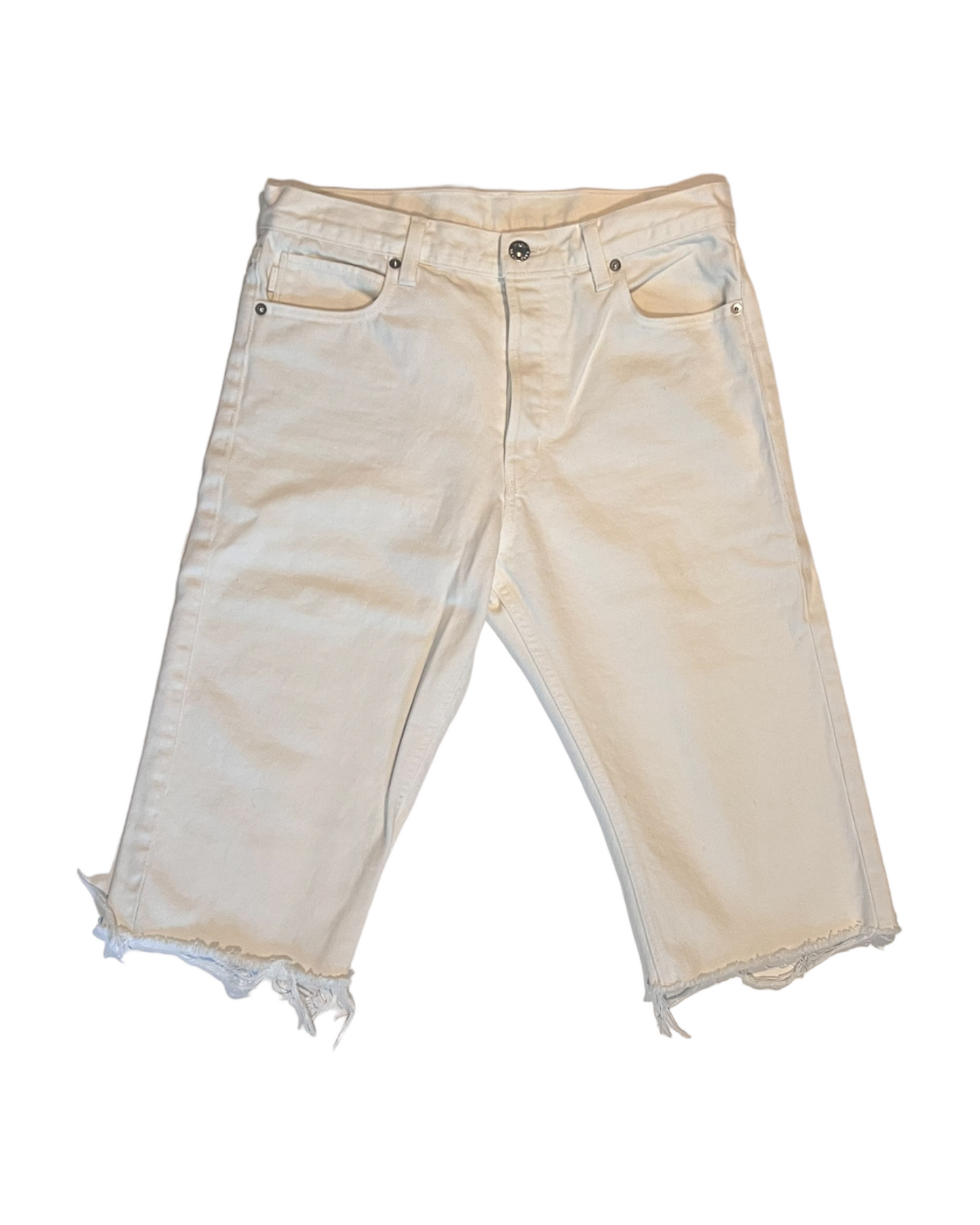 Helmut Lang Knee-Length White shorts. features a slim fit and distressed hem. image depicts the front of the shorts.