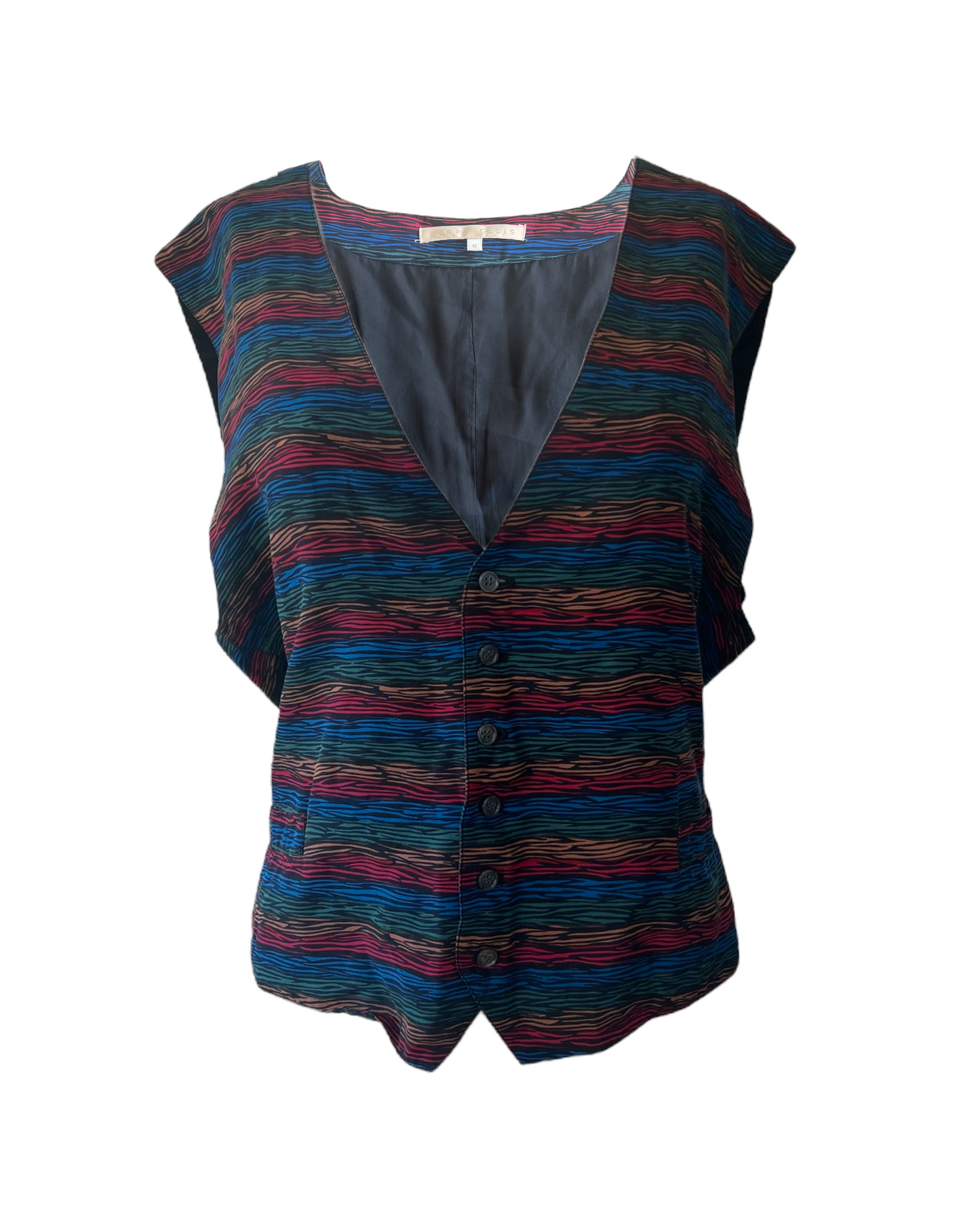 Vintage Perry Ellis Black Multicolor Striped Silk Waist Coat Vest. Blue, Green, yellow and red stripes.