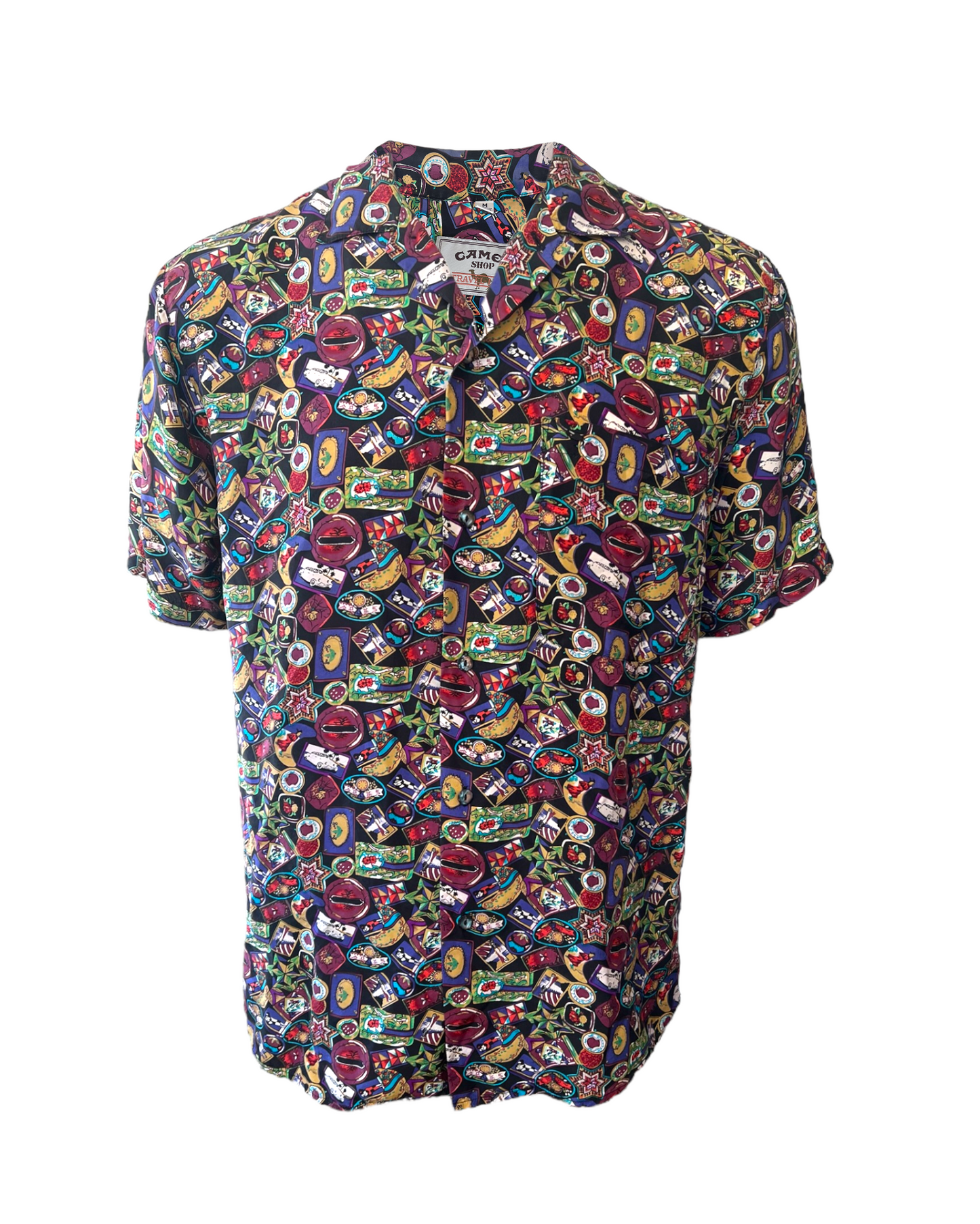 Vintage 1990 Camel Cigarettes Multicolor Silk short-sleeve Button-Up Top with a repeating post card pattern.