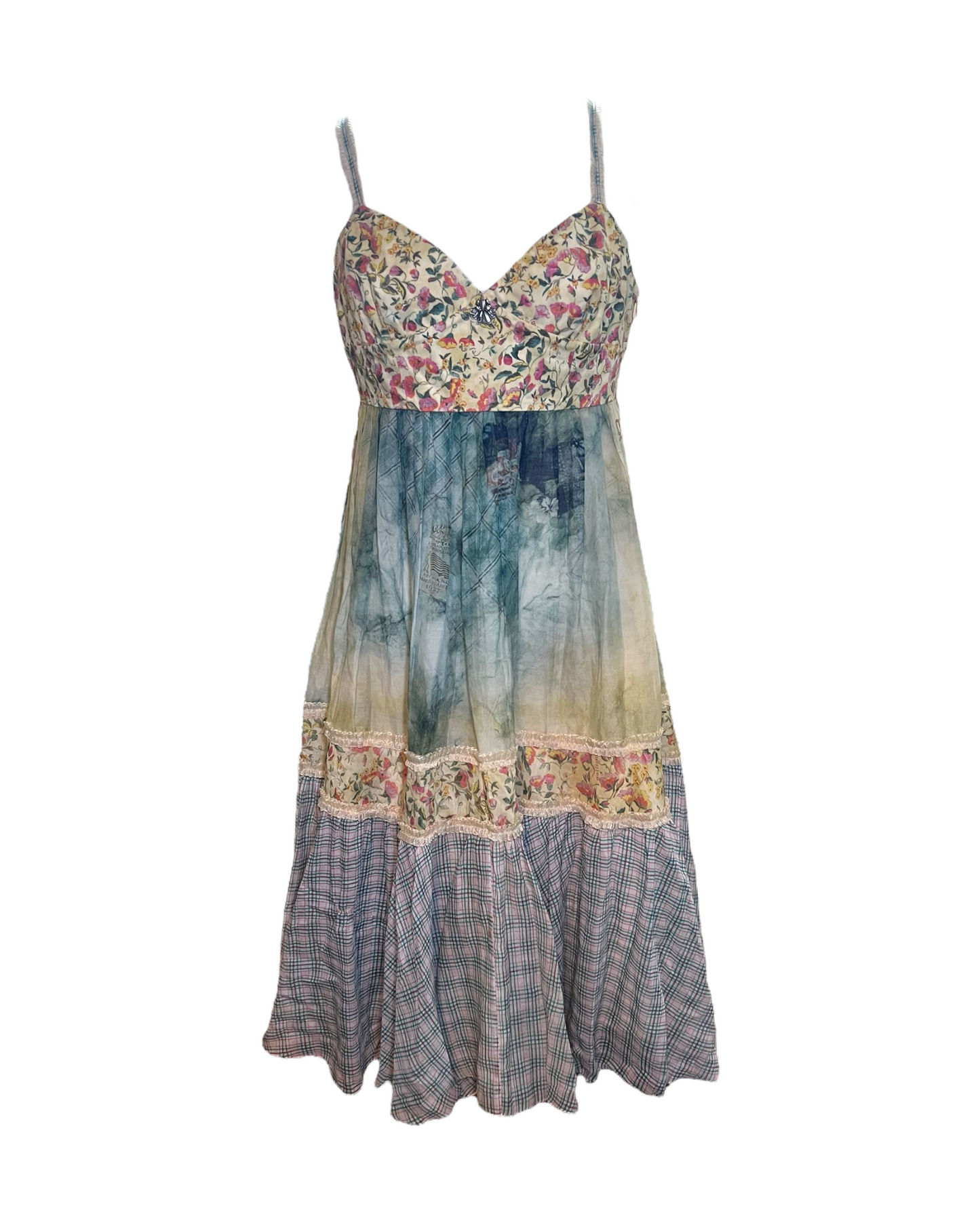 Vintage John Galliano Multicolor Cotton Babydoll Dress. Patterns include florals, tie dye and plaid.