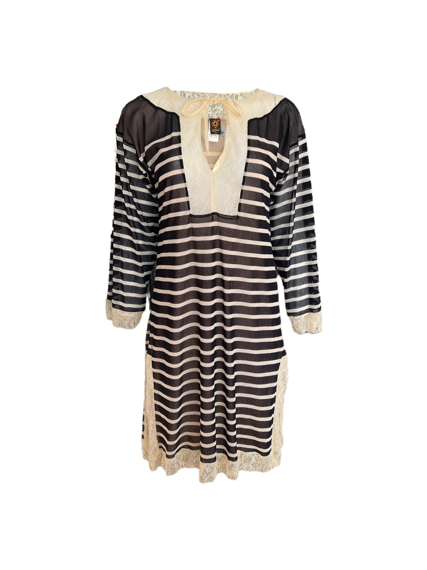 Vintage Jean Paul Gaultier Black and Beige Striped Lace Cover-Up, Features tie closure.