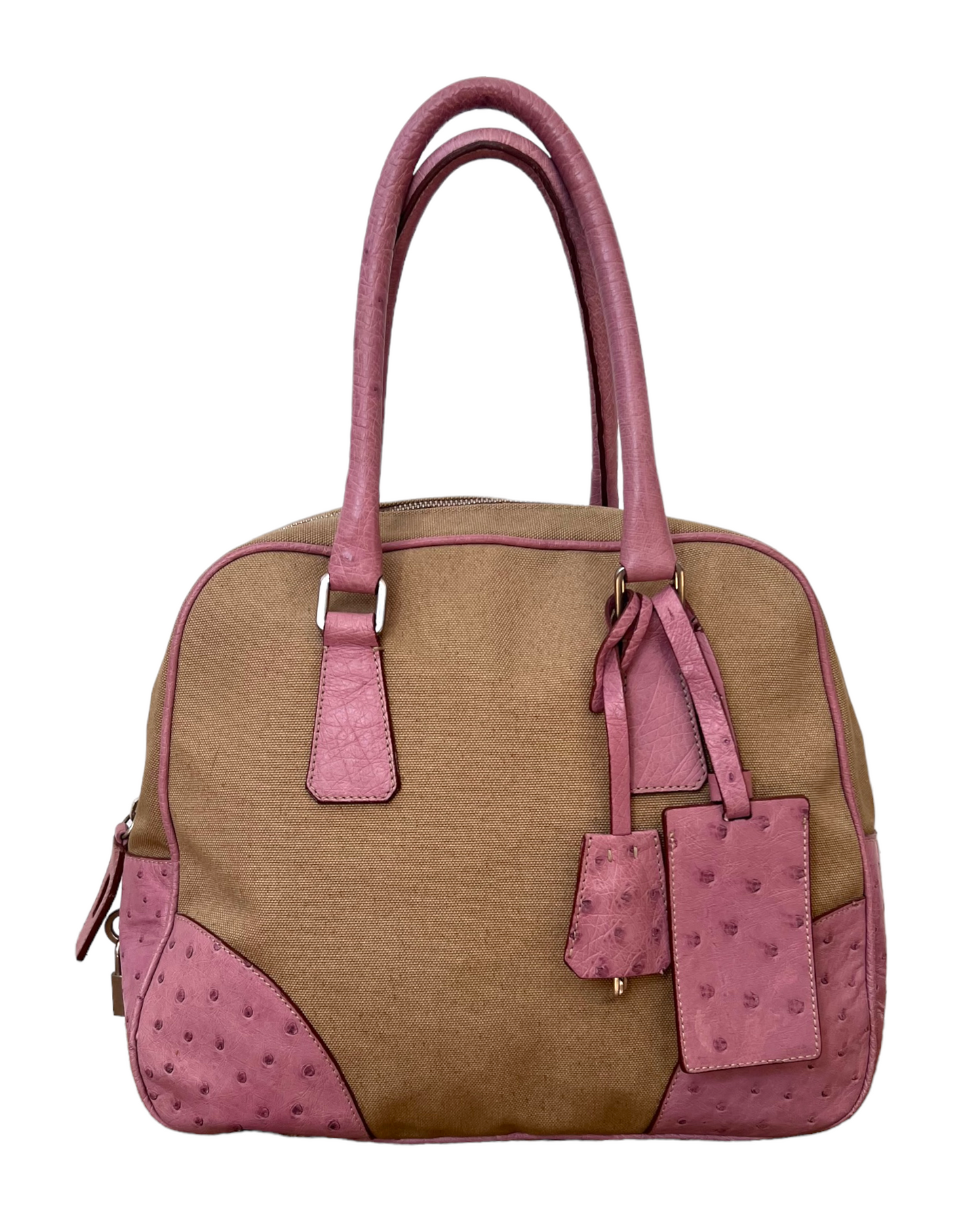 Vintage Prada Beige Canapa Canvas Bowling Bag with Pink Ostrich Leather Trim