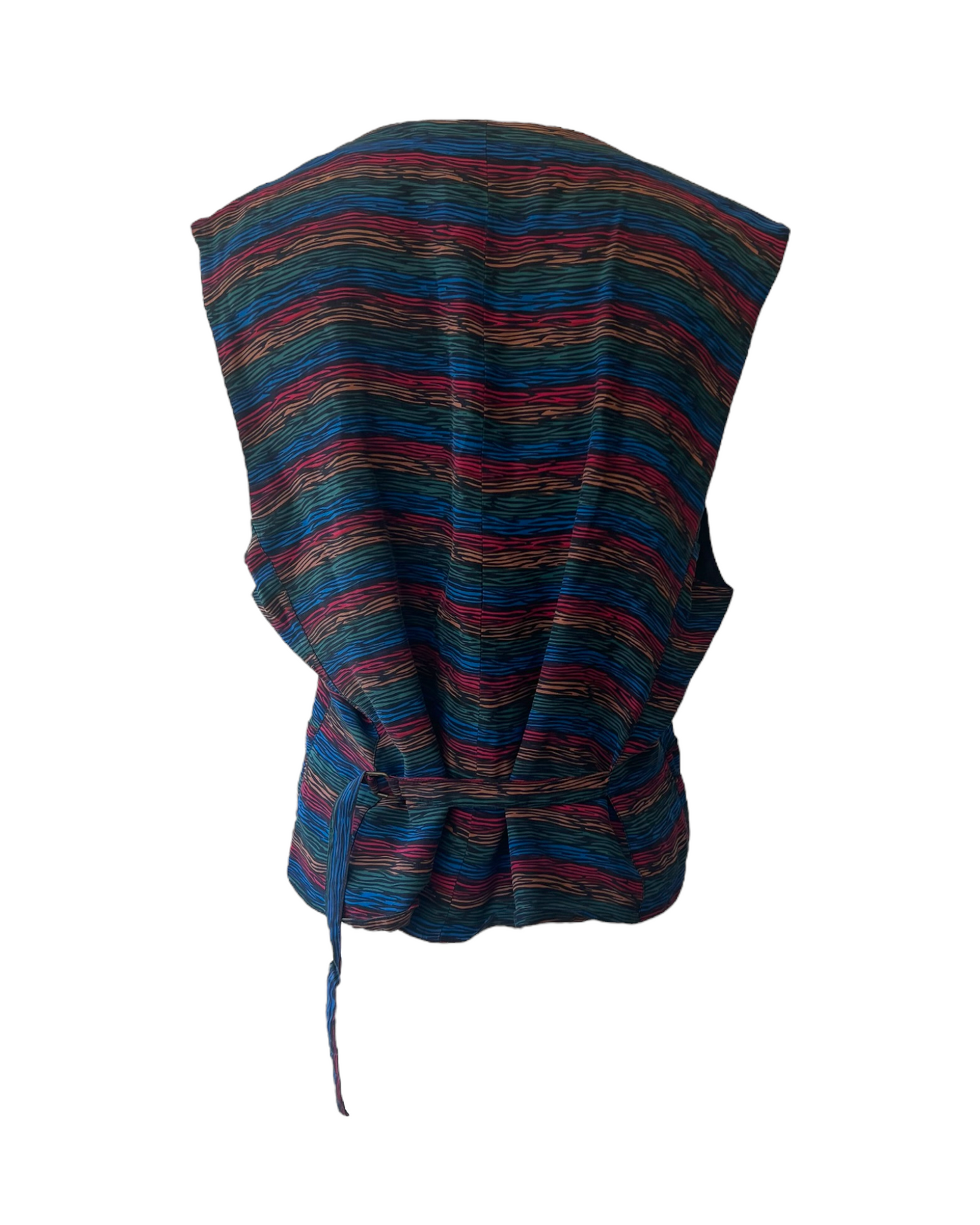 Vintage Perry Ellis Black Multicolor Striped Silk Waist Coat Vest. Blue, Green, yellow and red stripes.