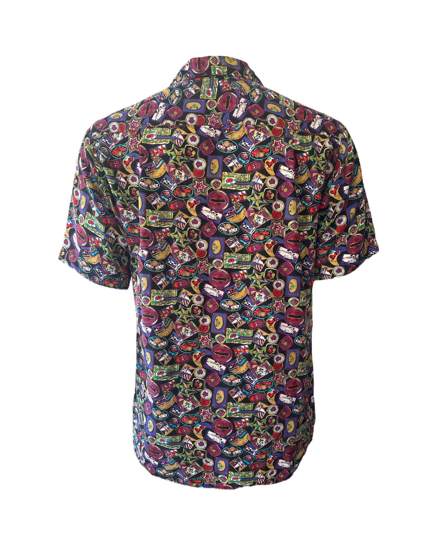 Vintage 1990 Camel Cigarettes Multicolor Silk short-sleeve Button-Up Top with a repeating post card pattern.