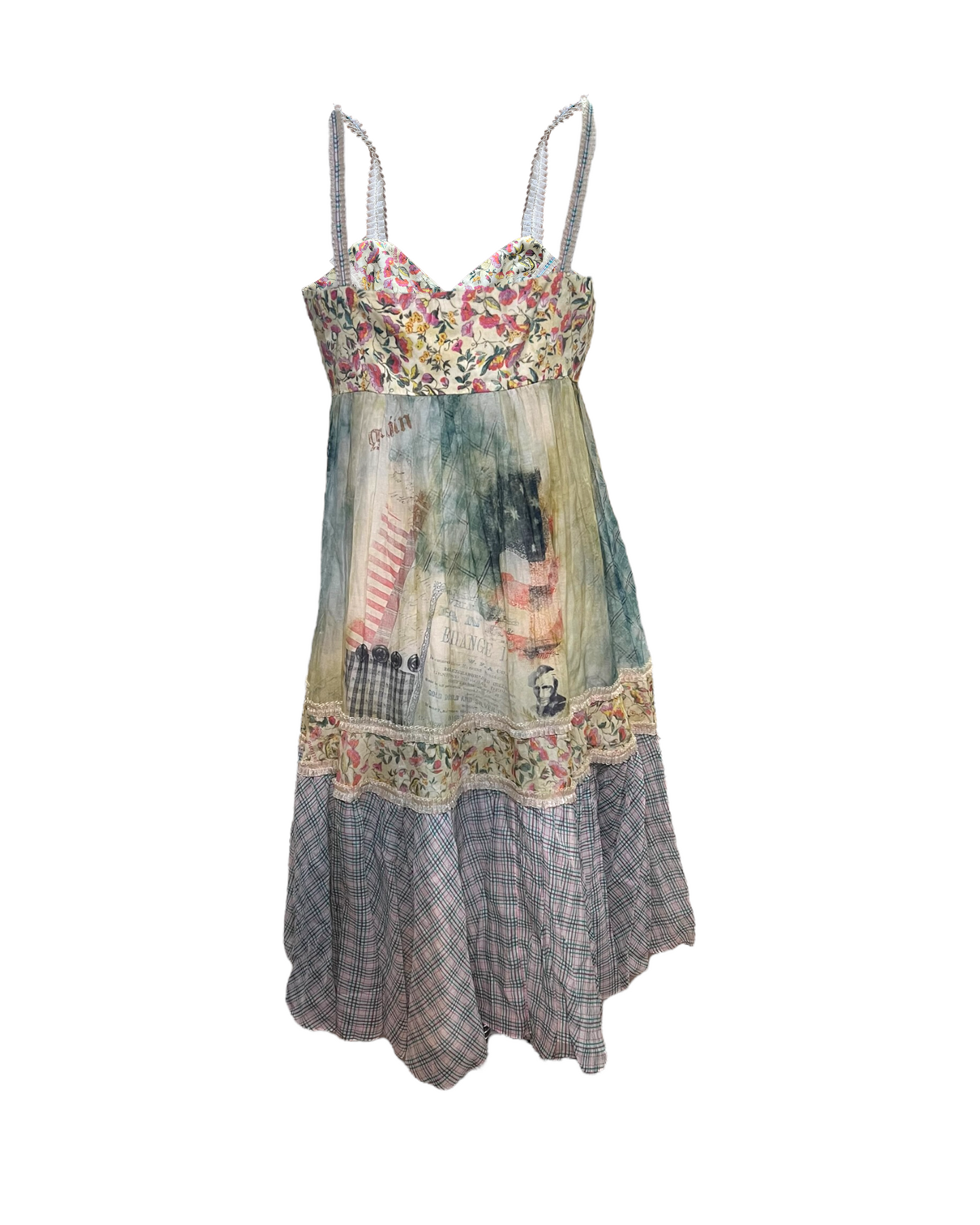 Vintage John Galliano Multicolor Cotton Babydoll Dress. Patterns include florals, tie dye and plaid.