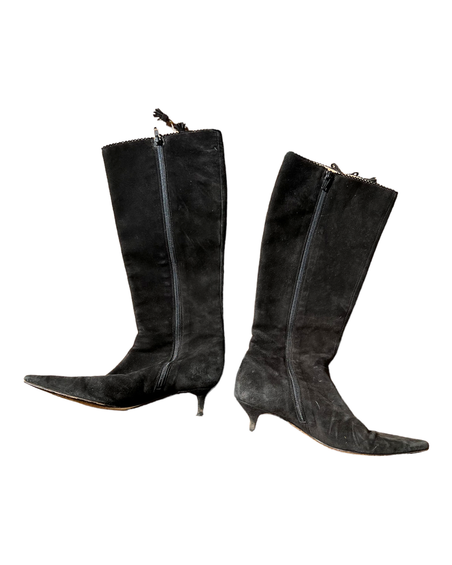 Vintage Suede Black Knee-High Kitten Heel Boots