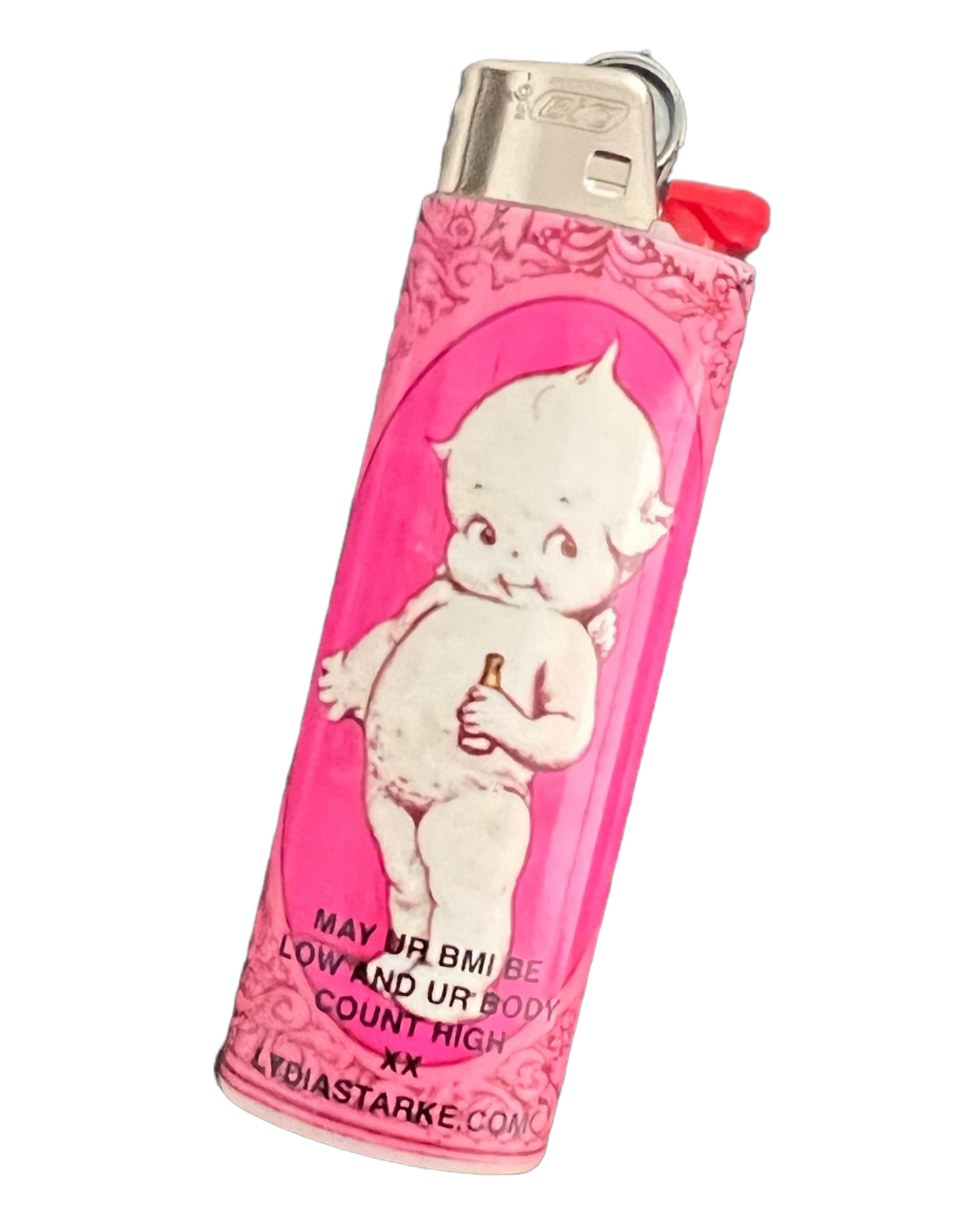 Front Side of a Pink Lighter, features a drawing of baby cupid holding a bottle. the text reads "May ur BMI be low and ur body count high xx Lydiastarke.com"