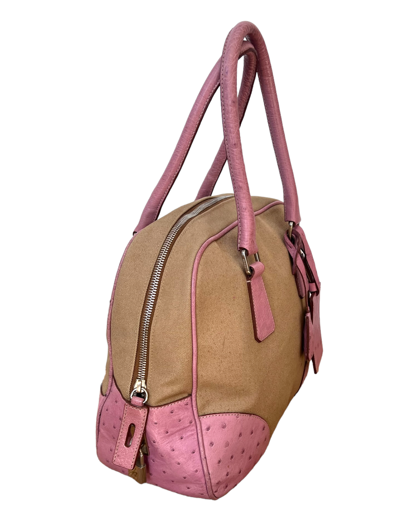 Vintage Prada Beige Canapa Canvas Bowling Bag with Pink Ostrich Leather Trim