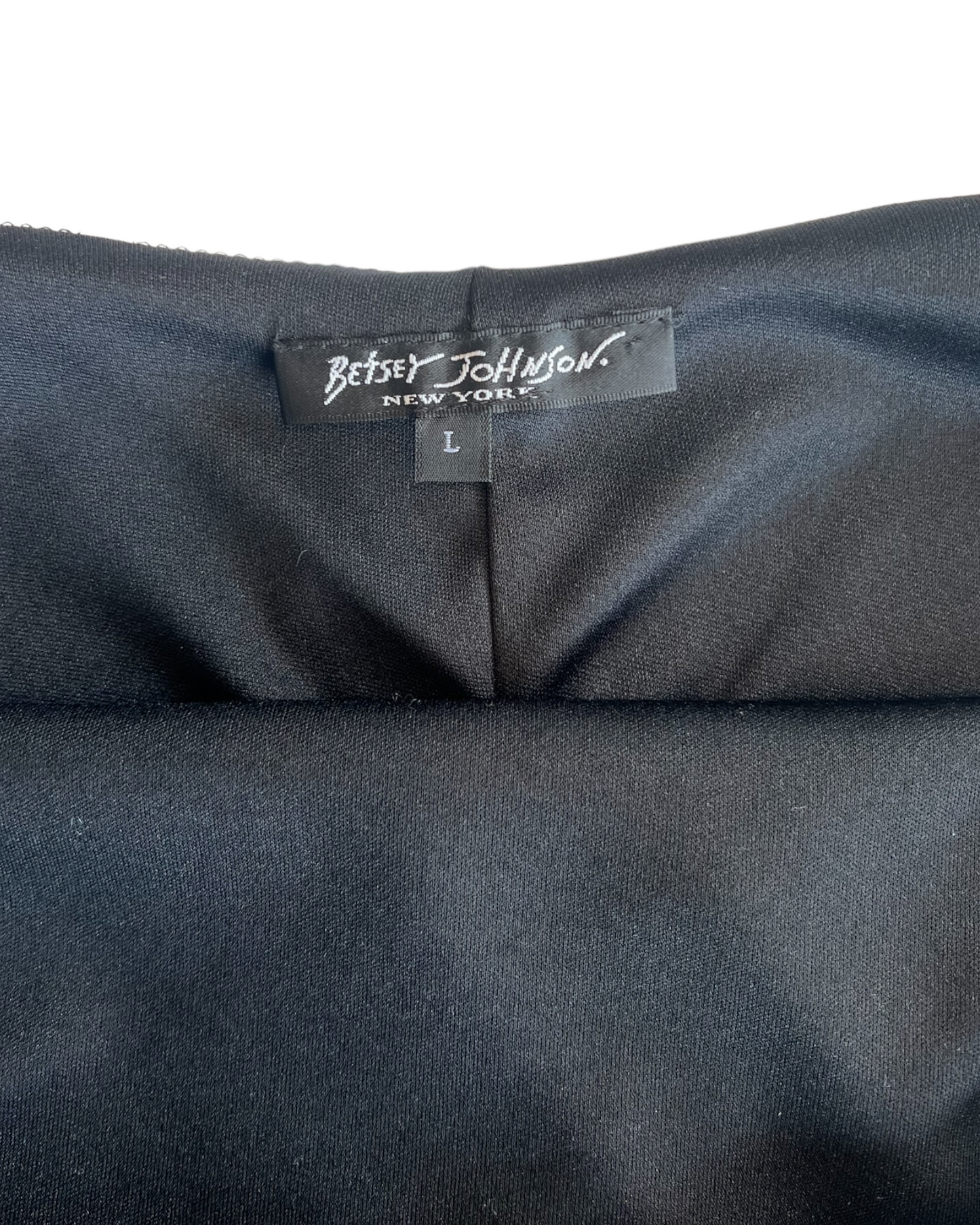 Vintage 1990's Betsey Johnson Asymmetrical Black Floral Dress. Image depicts brand and size tag.