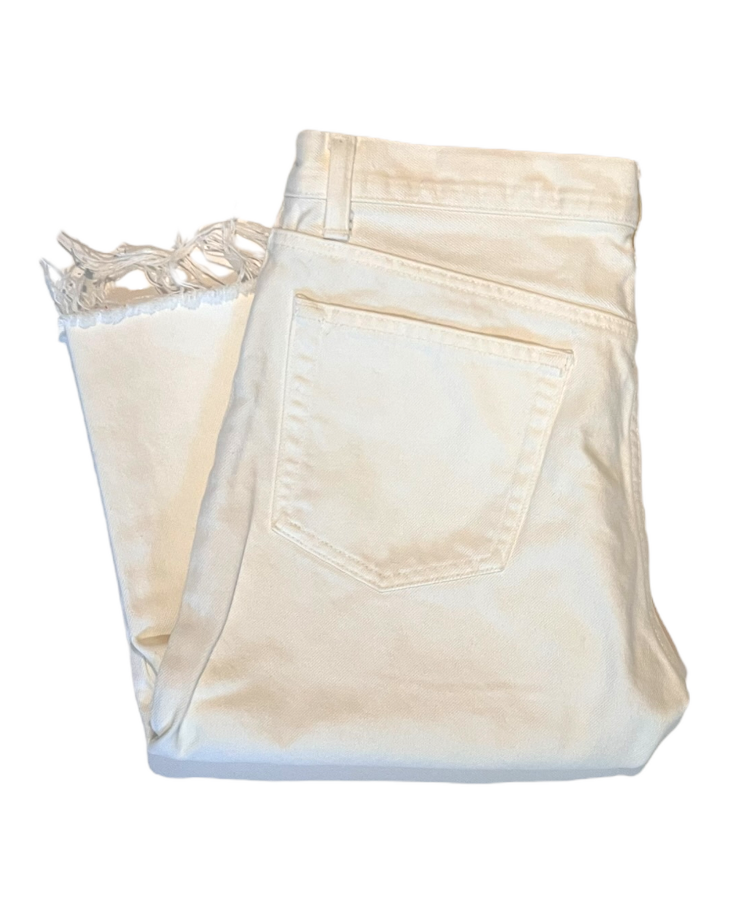 Helmut Lang Knee-Length White shorts. features a slim fit and distressed hem. image depicts the shorts folded.