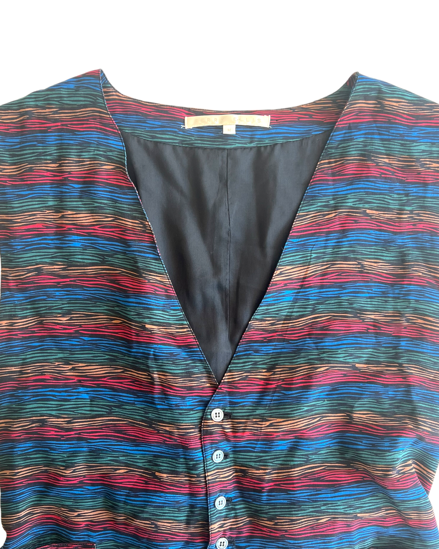 Vintage Perry Ellis Black Multicolor Striped Silk Waist Coat Vest. Blue, Green, yellow and red stripes.