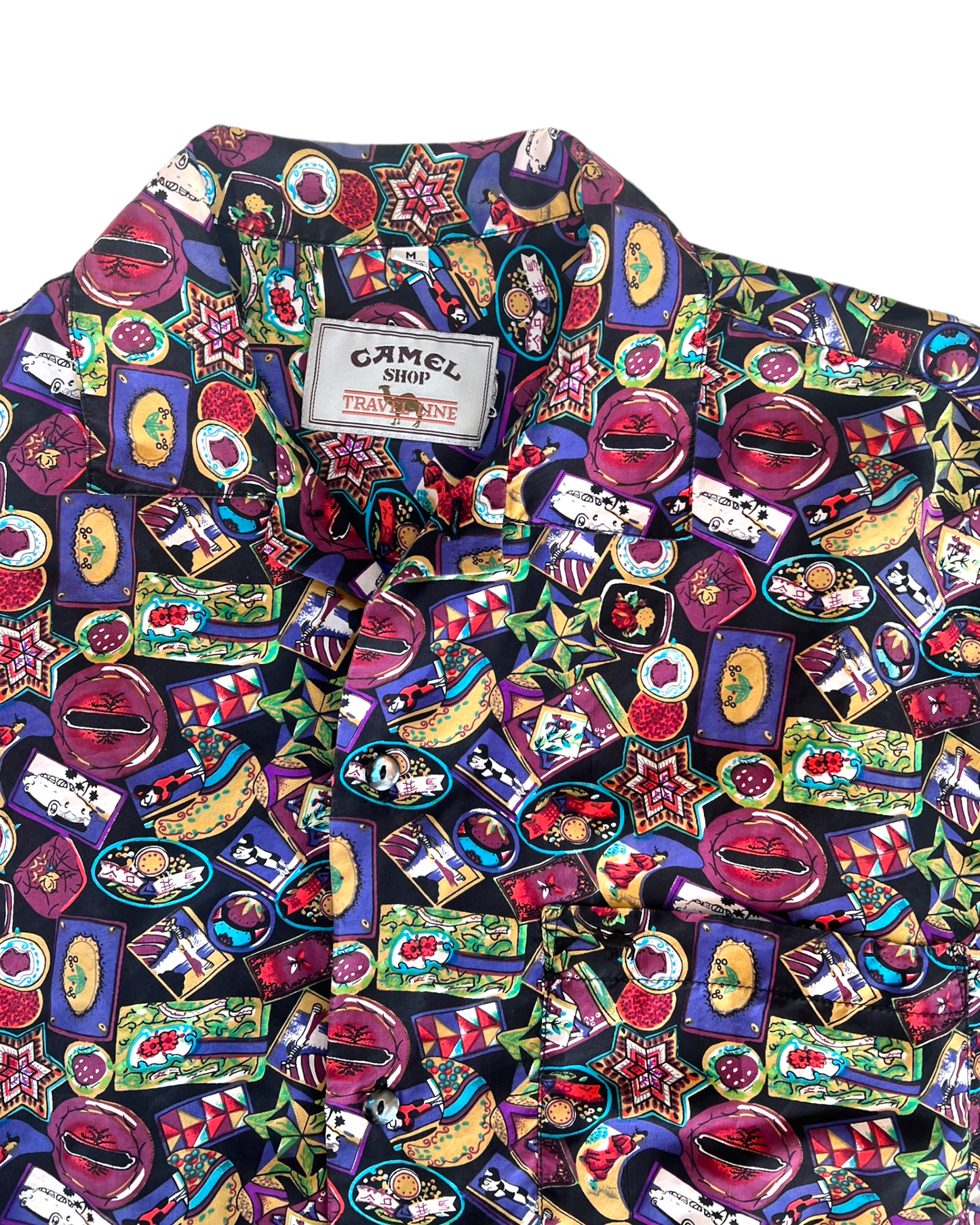 Vintage 1990 Camel Cigarettes Multicolor Silk short-sleeve Button-Up Top with a repeating post card pattern.