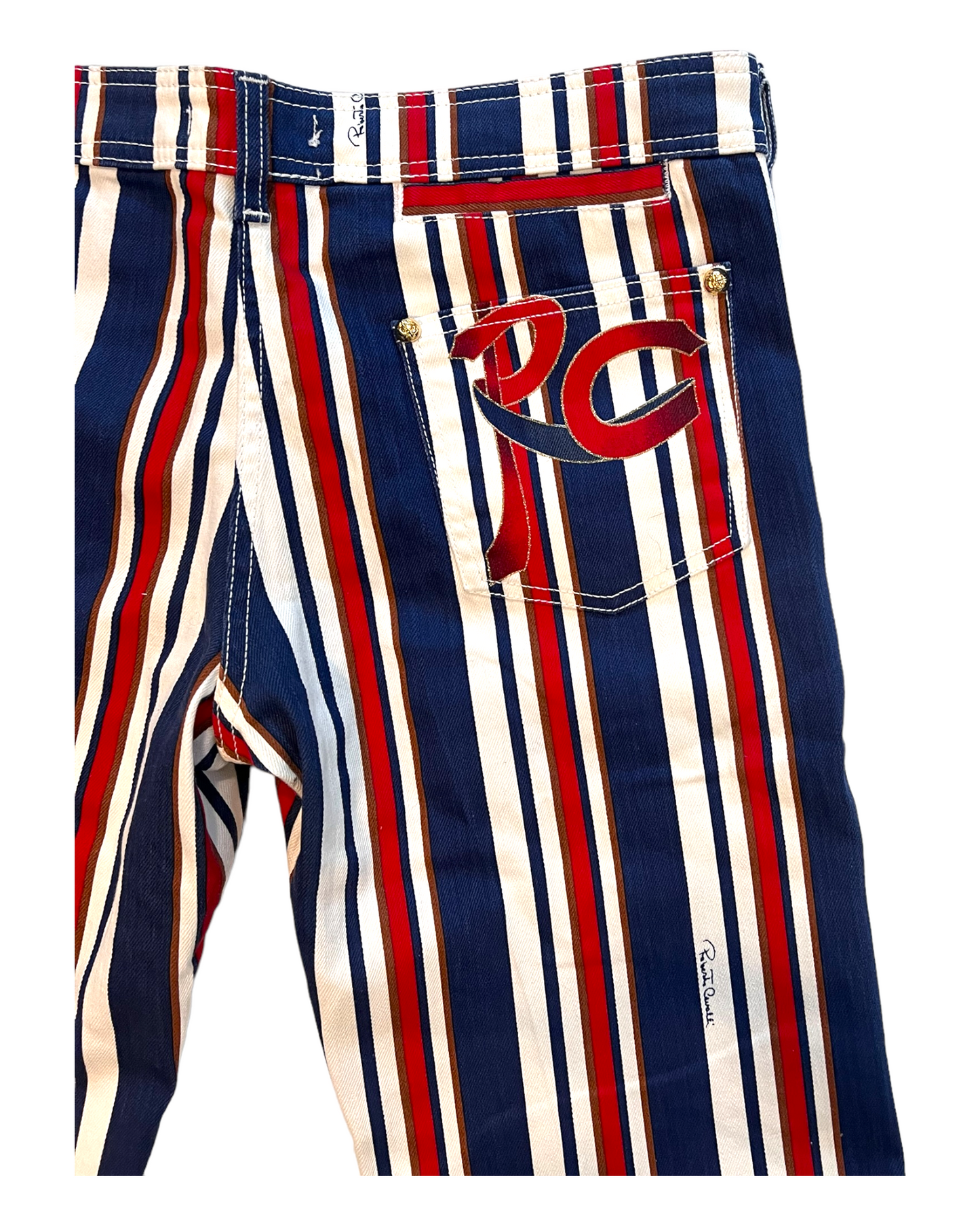 Vintage 2006 Roberto Cavalli Red, White and Blue Striped Capri Pants. Features big "RC" logo on back pocket.
