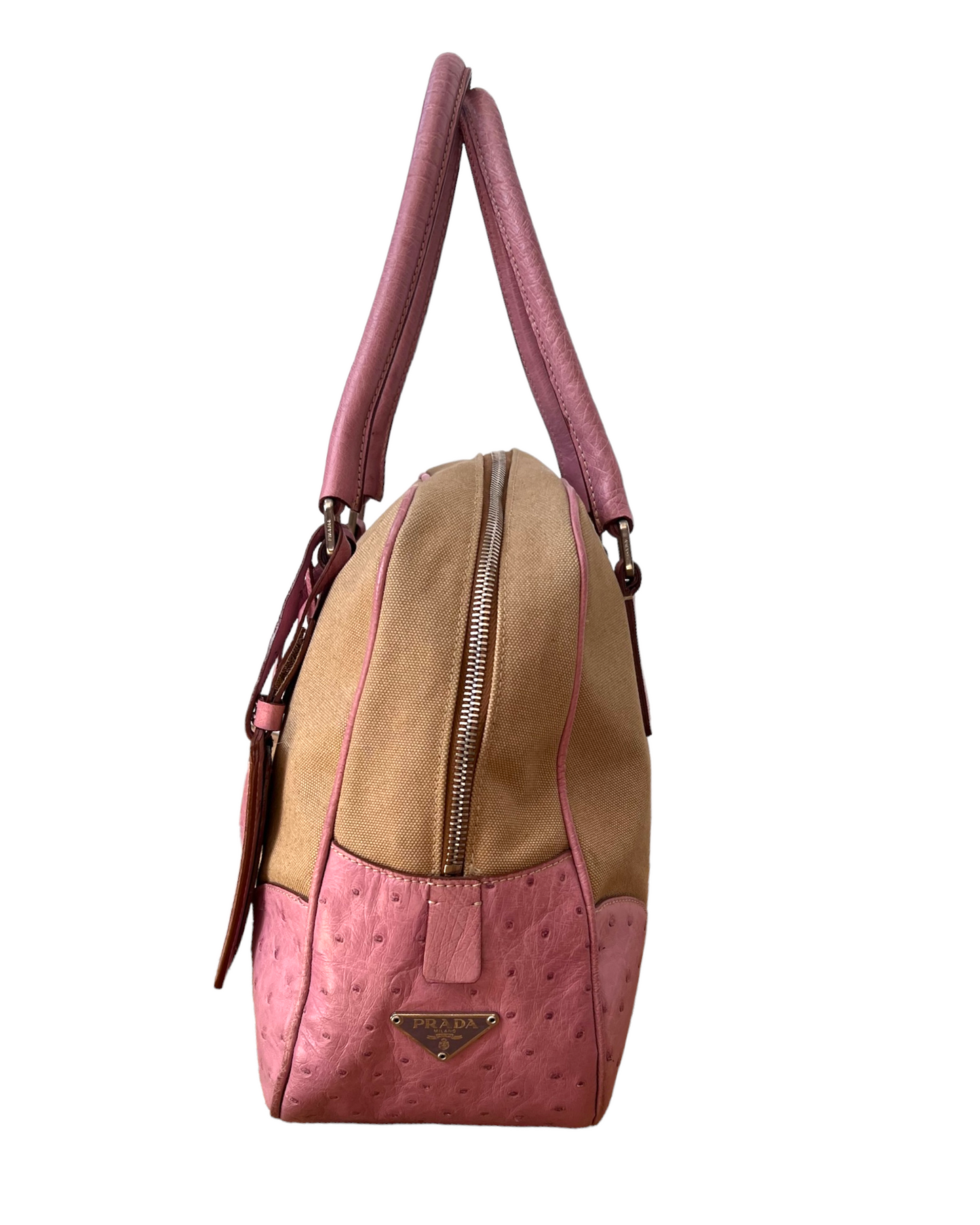 Vintage Prada Beige Canapa Canvas Bowling Bag with Pink Ostrich Leather Trim