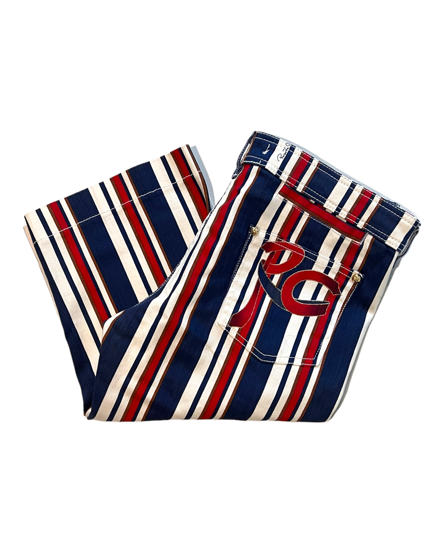 Vintage 2006 Roberto Cavalli Red, White and Blue Striped Capri Pants. Features big "RC" logo on back pocket.