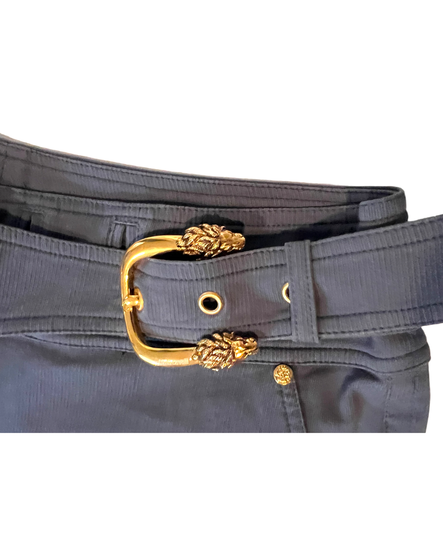 Vintage 2006 Roberto Cavalli Blue Skinny Pants with Gold Buckle. Gold Buckle features two lion heads.