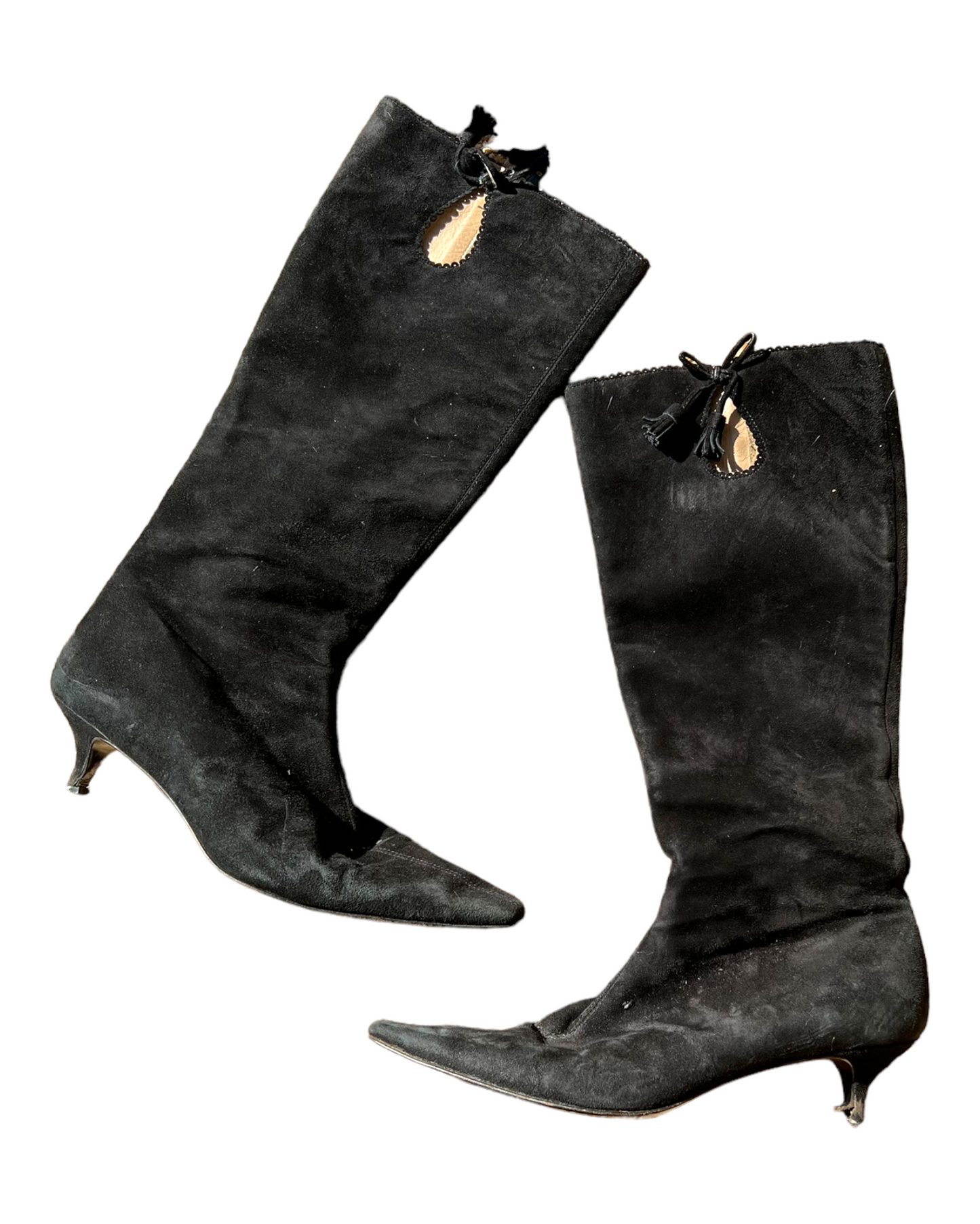 Vintage Suede Black Knee-High Kitten Heel Boots