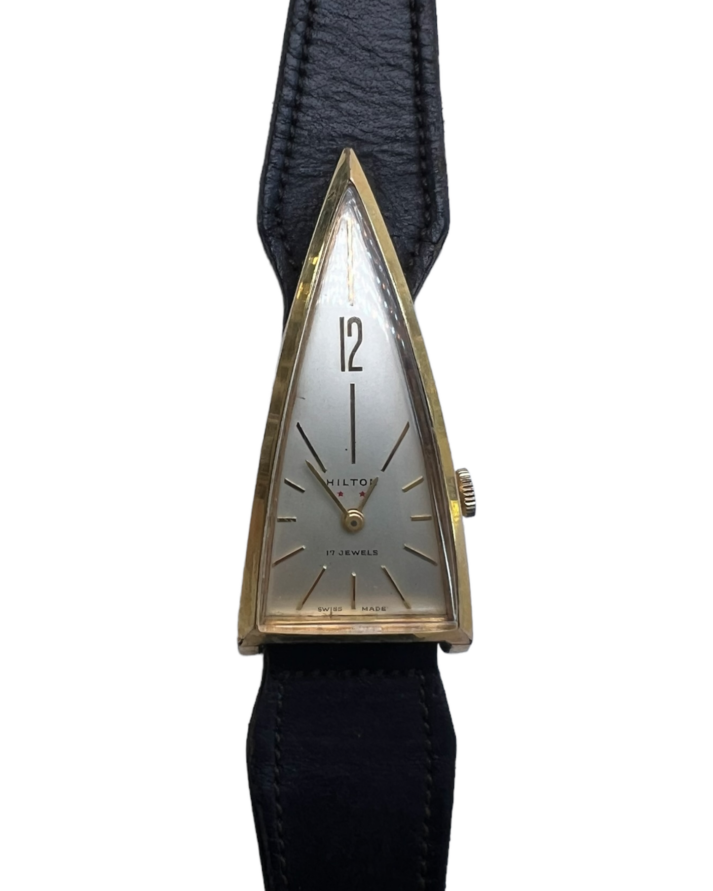 Vintage 1950s Hilton 17 Jewels Swiss Made Watch. Watch face is in the shape of a triangle