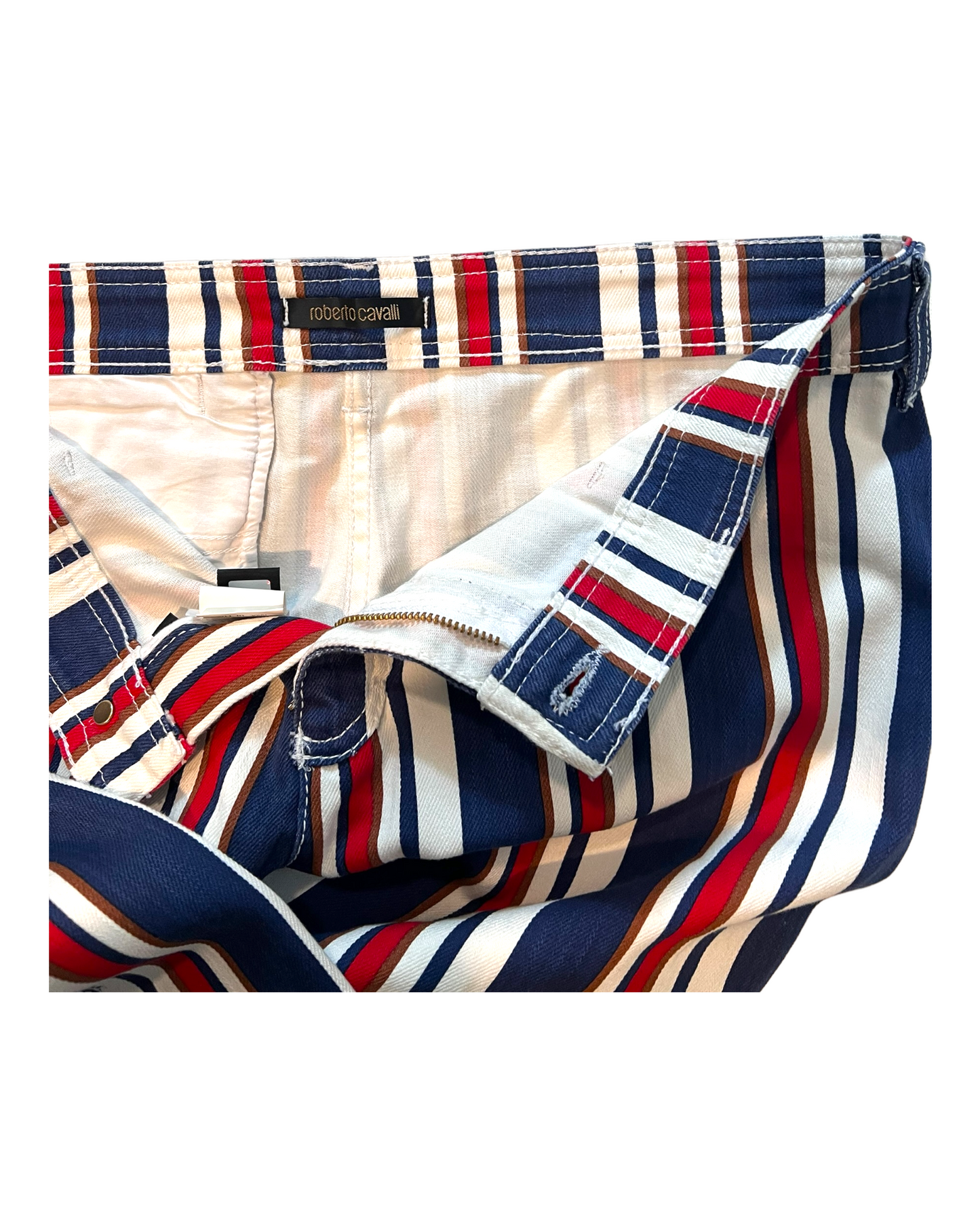 Vintage 2006 Roberto Cavalli Red, White and Blue Striped Capri Pants.