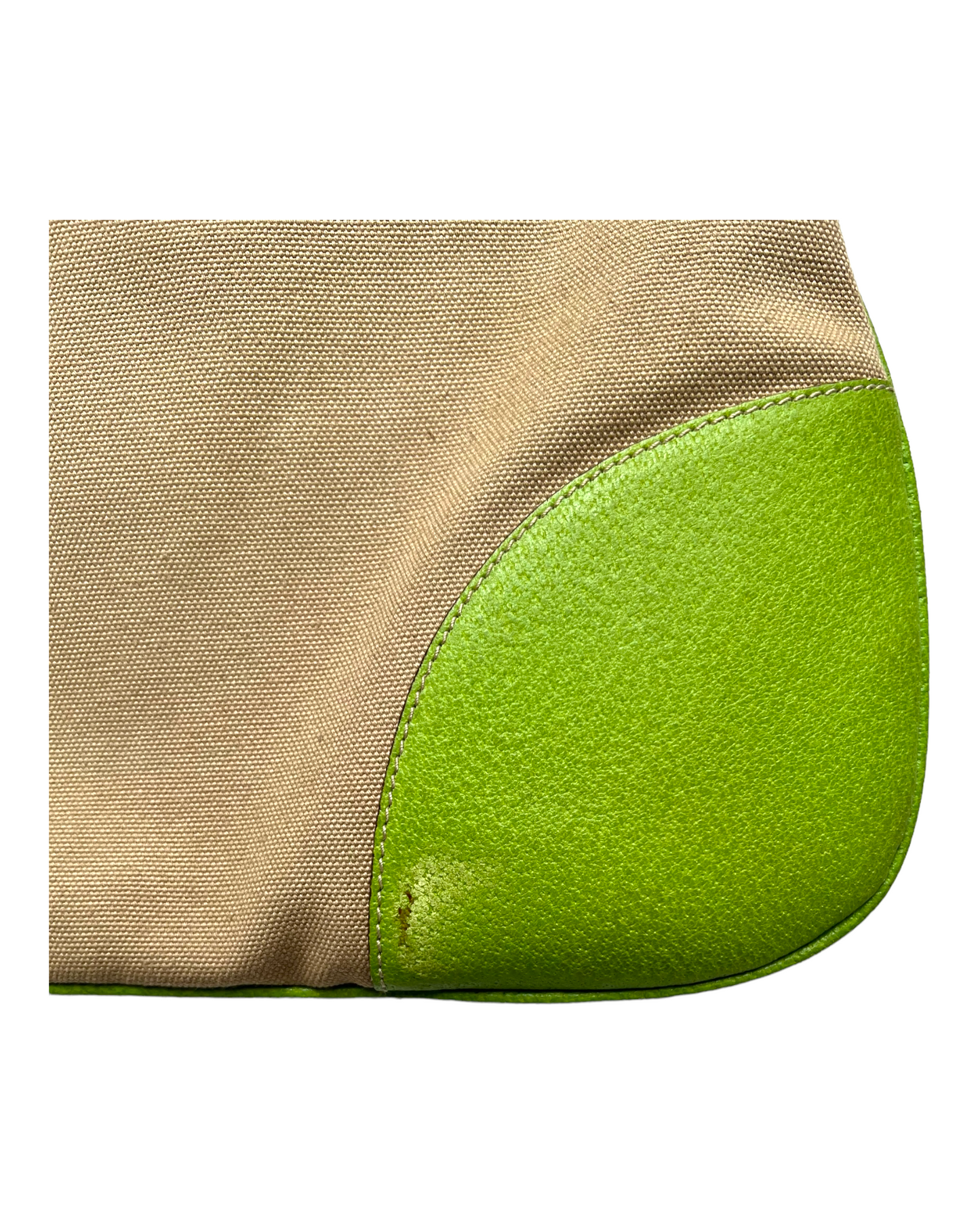 Vintage Prada Beige Canapa Canvas Bag with Lime Green Leather Trim. Image depicts a flaw on the corner of the bag