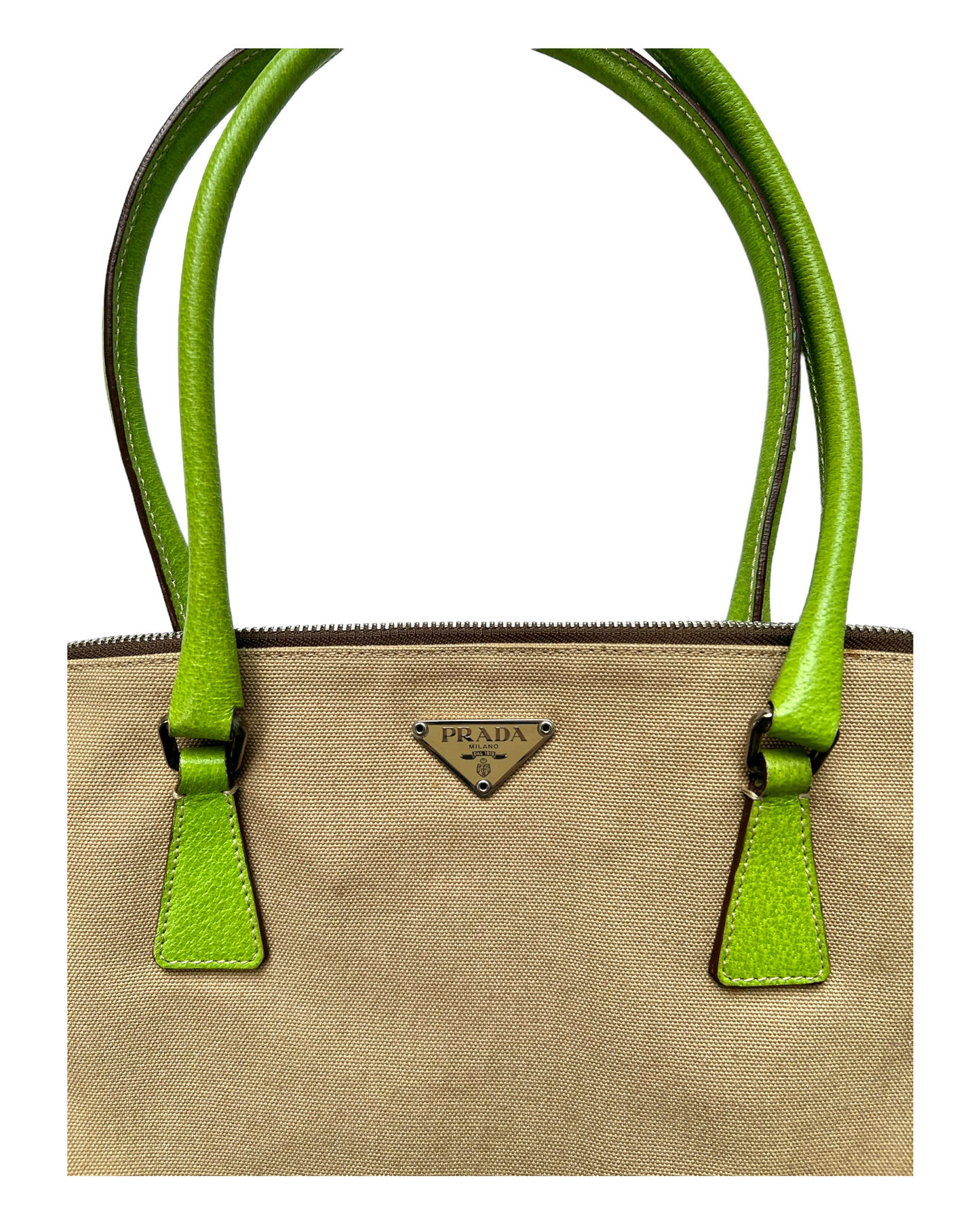 Vintage Prada Beige Canapa Canvas Bag with Lime Green Leather Trim