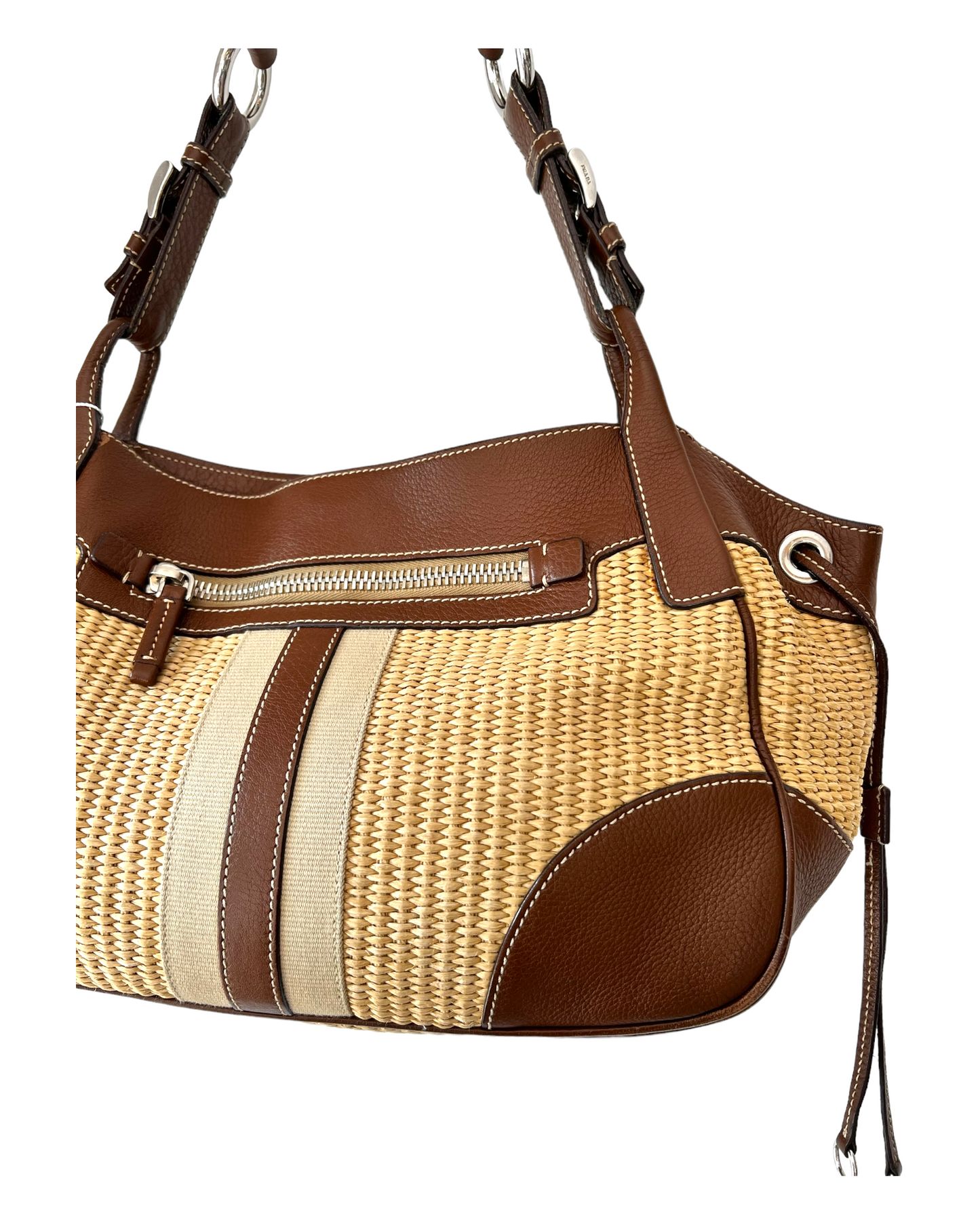 Vintage 2005 Prada Raffia and Leather Shoulder Bag