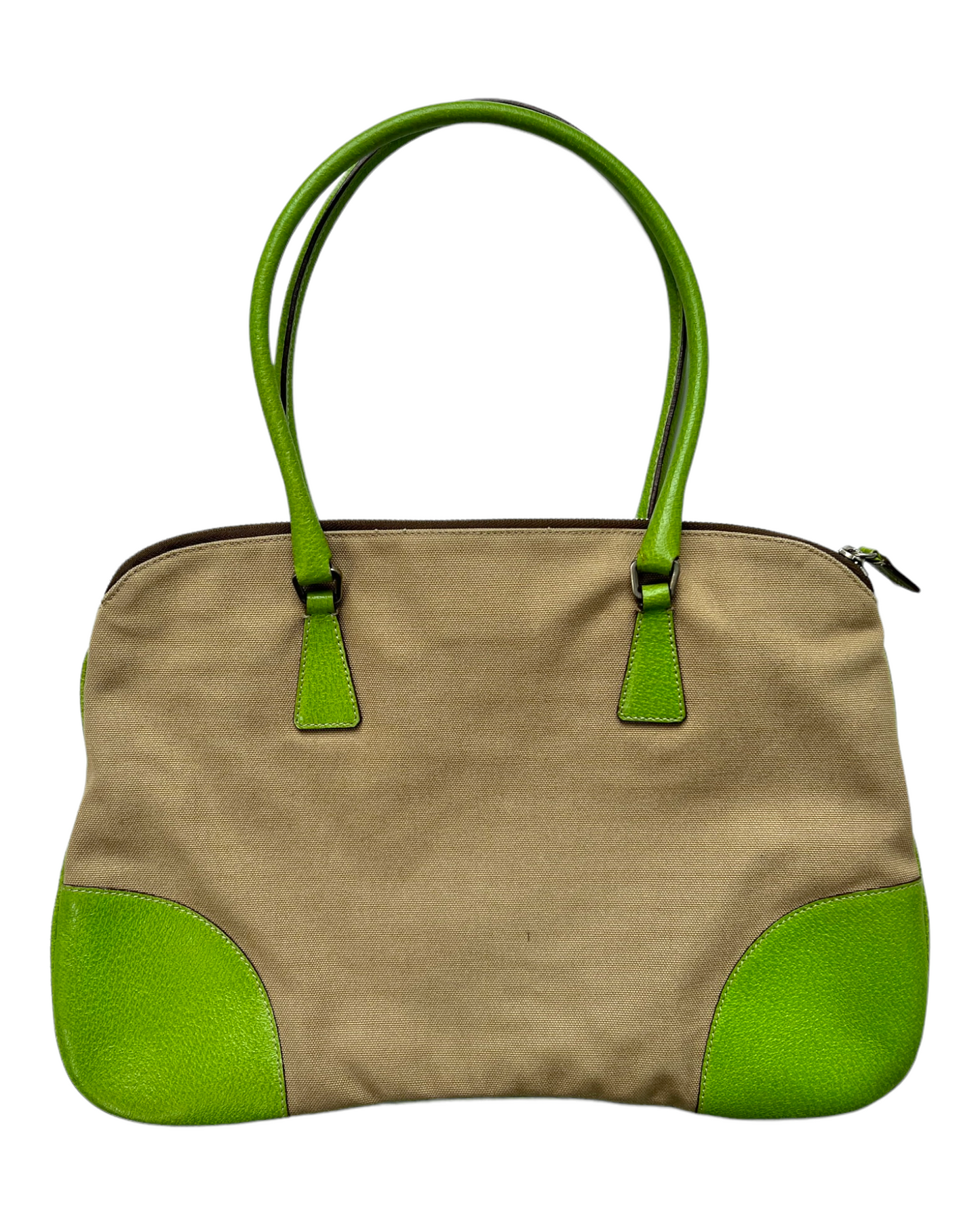 Vintage Prada Beige Canapa Canvas Bag with Lime Green Leather Trim