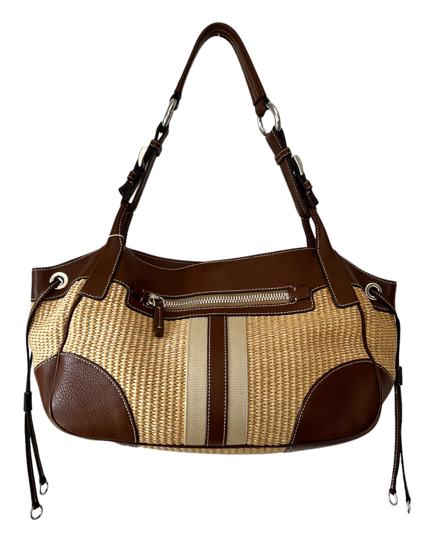Vintage 2005 Prada Raffia and Leather Shoulder Bag