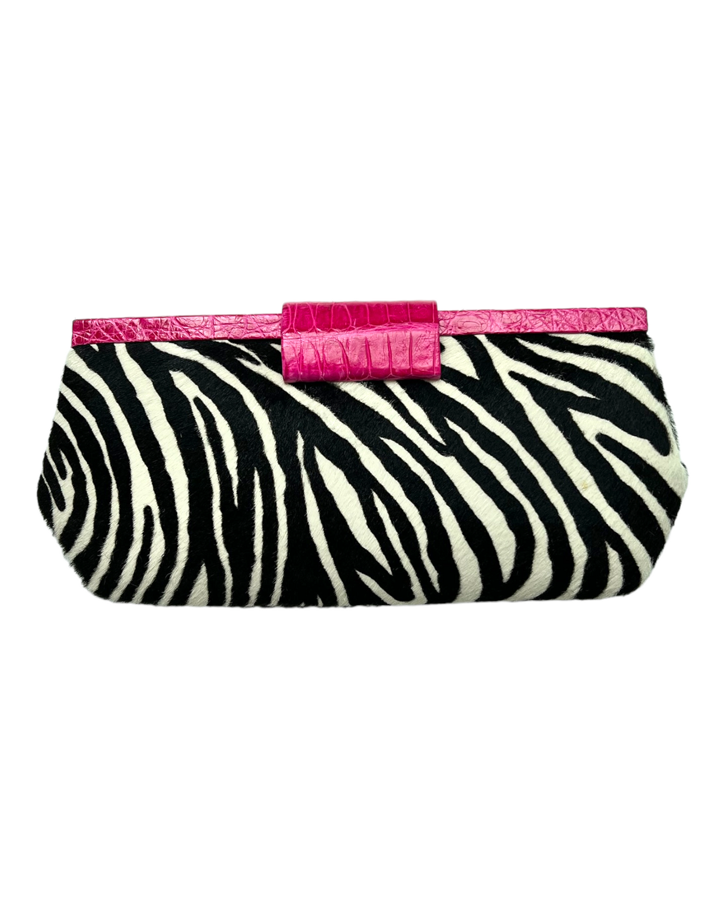 Vintage Nancy Gonzales Zebra Print Pony Hair and Pink Crocodile Leather Clutch