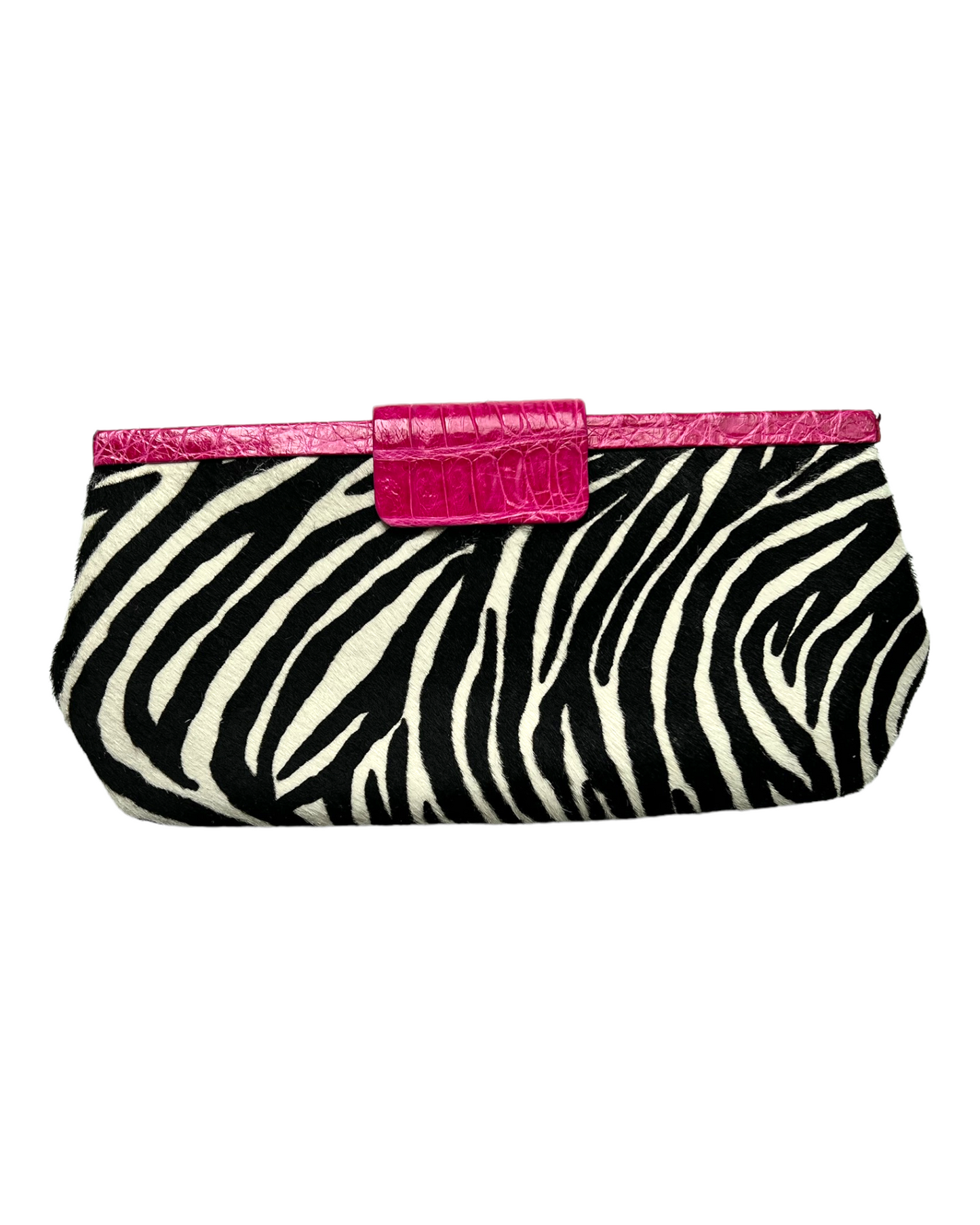 Vintage Nancy Gonzales Zebra Print Pony Hair and Pink Crocodile Leather Clutch